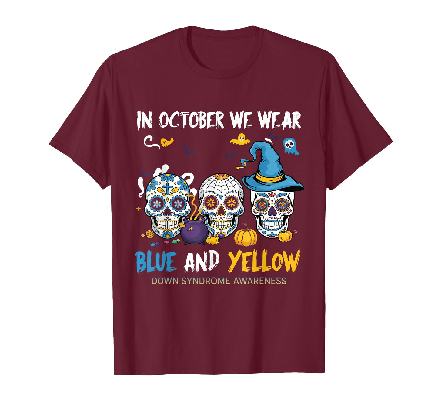 Sugar Skulls Halloween Blue and Yellow Down Syndrome T-Shirt