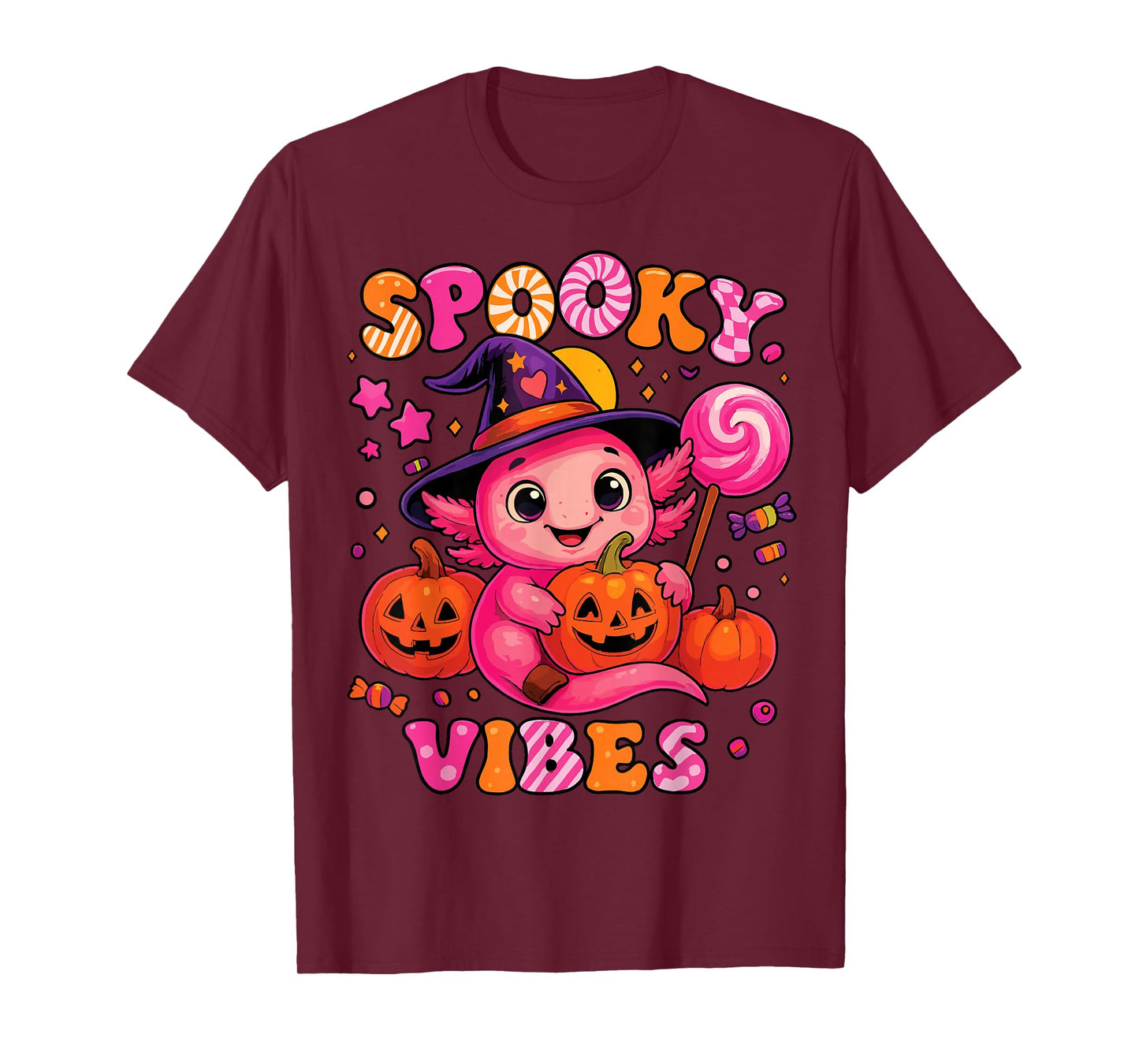 Cute Axolotl Witch Pumpkin Face Halloween Girl Tee T-Shirt