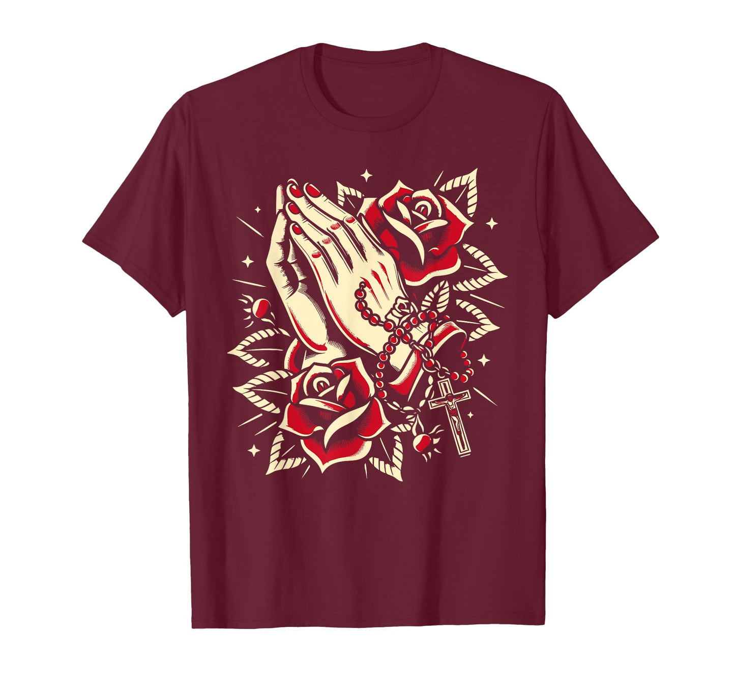 Praying Hands Rosary and Rose, Traditional Tattoo Design T-Shirt
