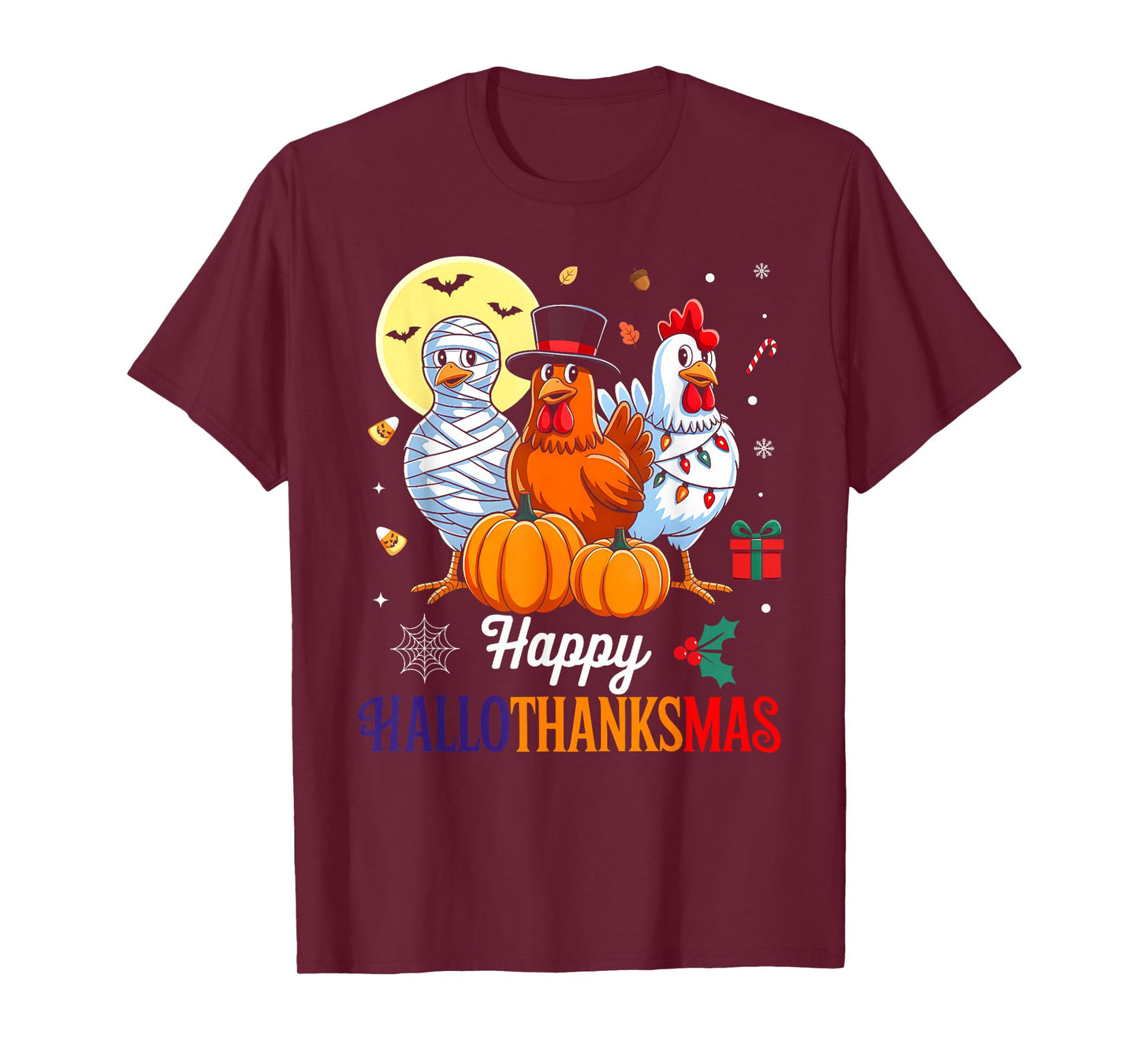 Chicken Happy HalloThanksmas Funny Halloween Thanksgiving T-Shirt