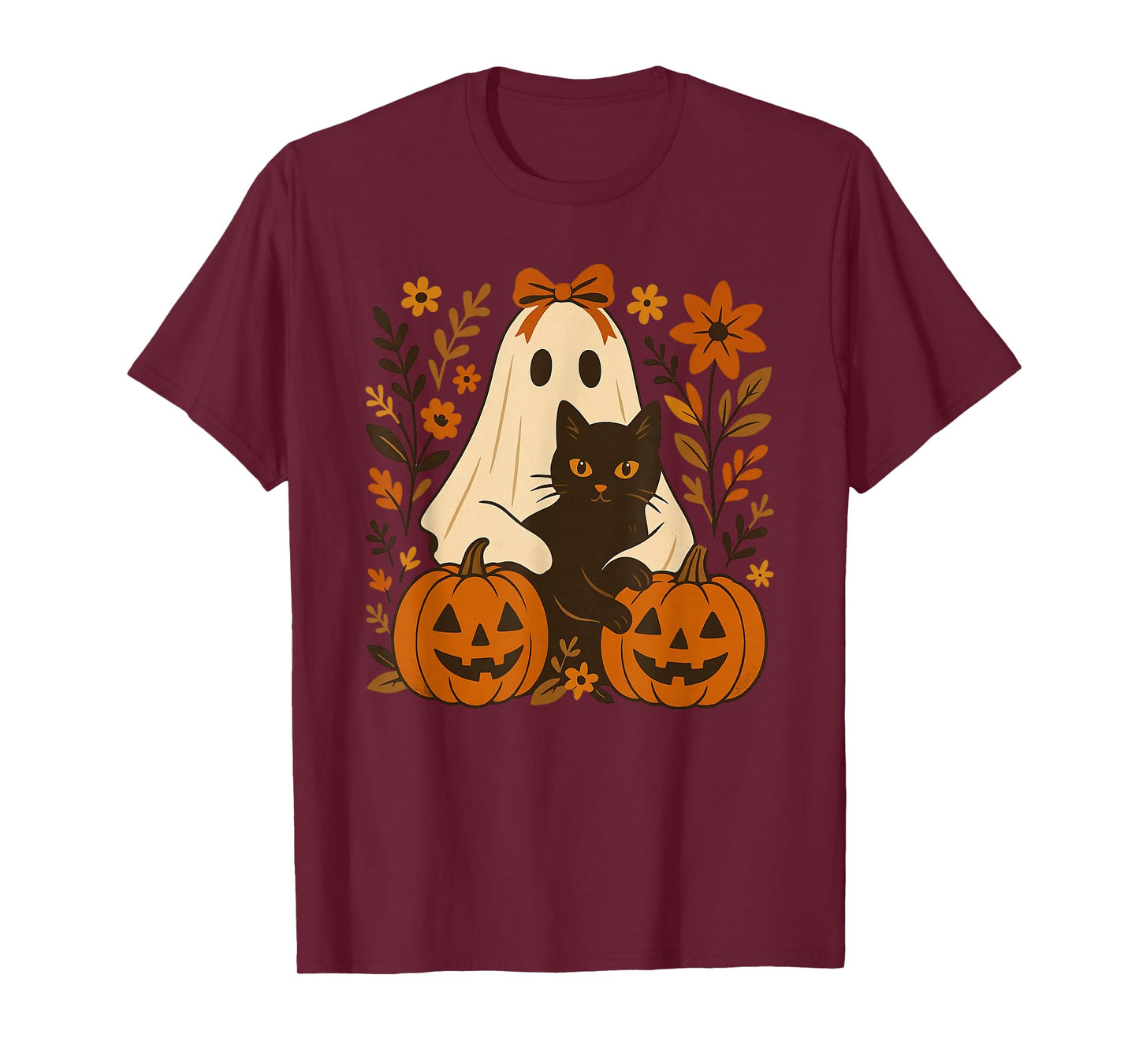 Vintage Halloween Ghost Holding Black Cat Groovy Floral T-Shirt