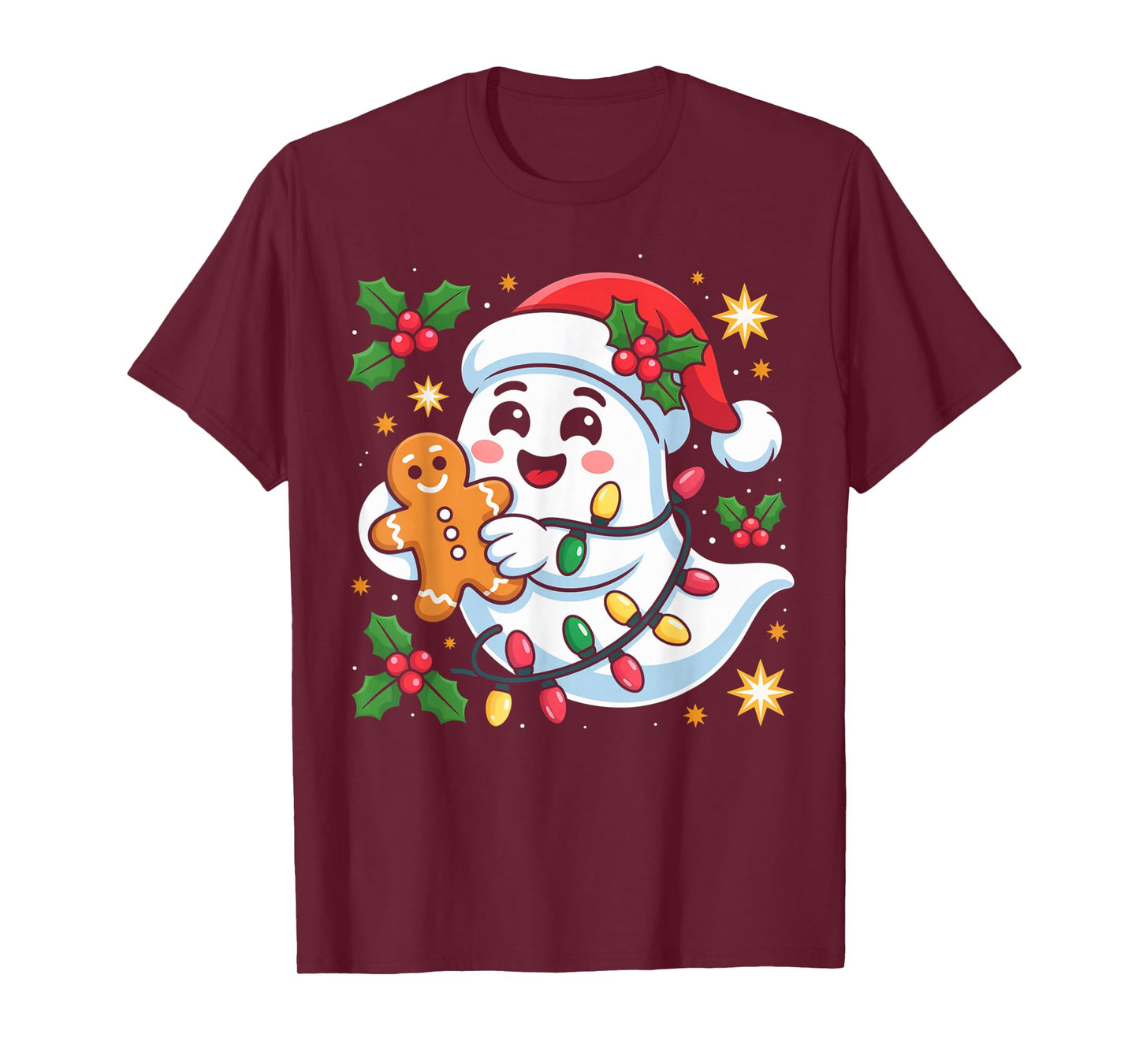 Kawaii Ghost Santa Hat Holiday Lights Xmas Costume T-Shirt