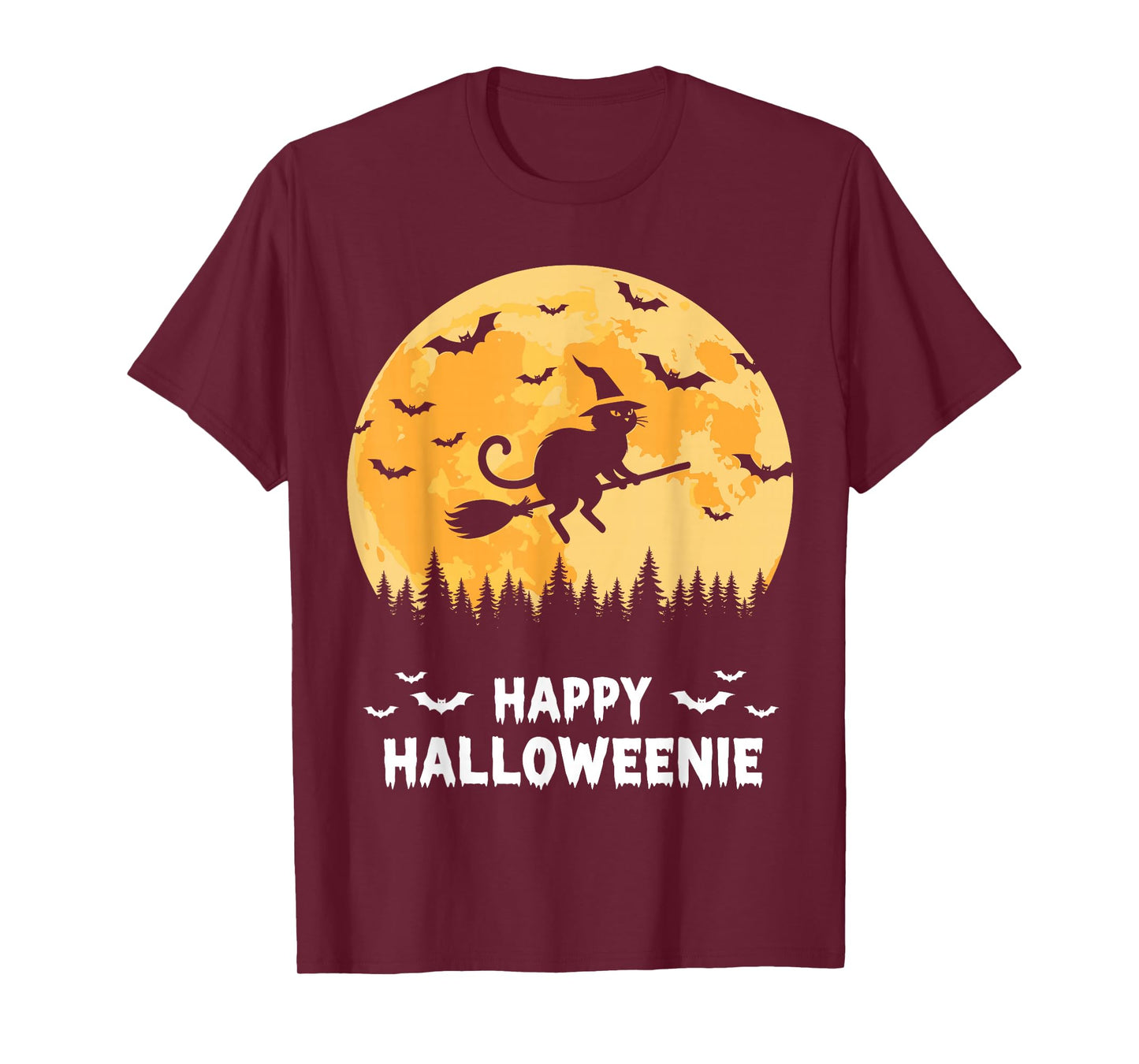 Happy Halloweenie Funny Halloween Cat Flying Witch T-Shirt