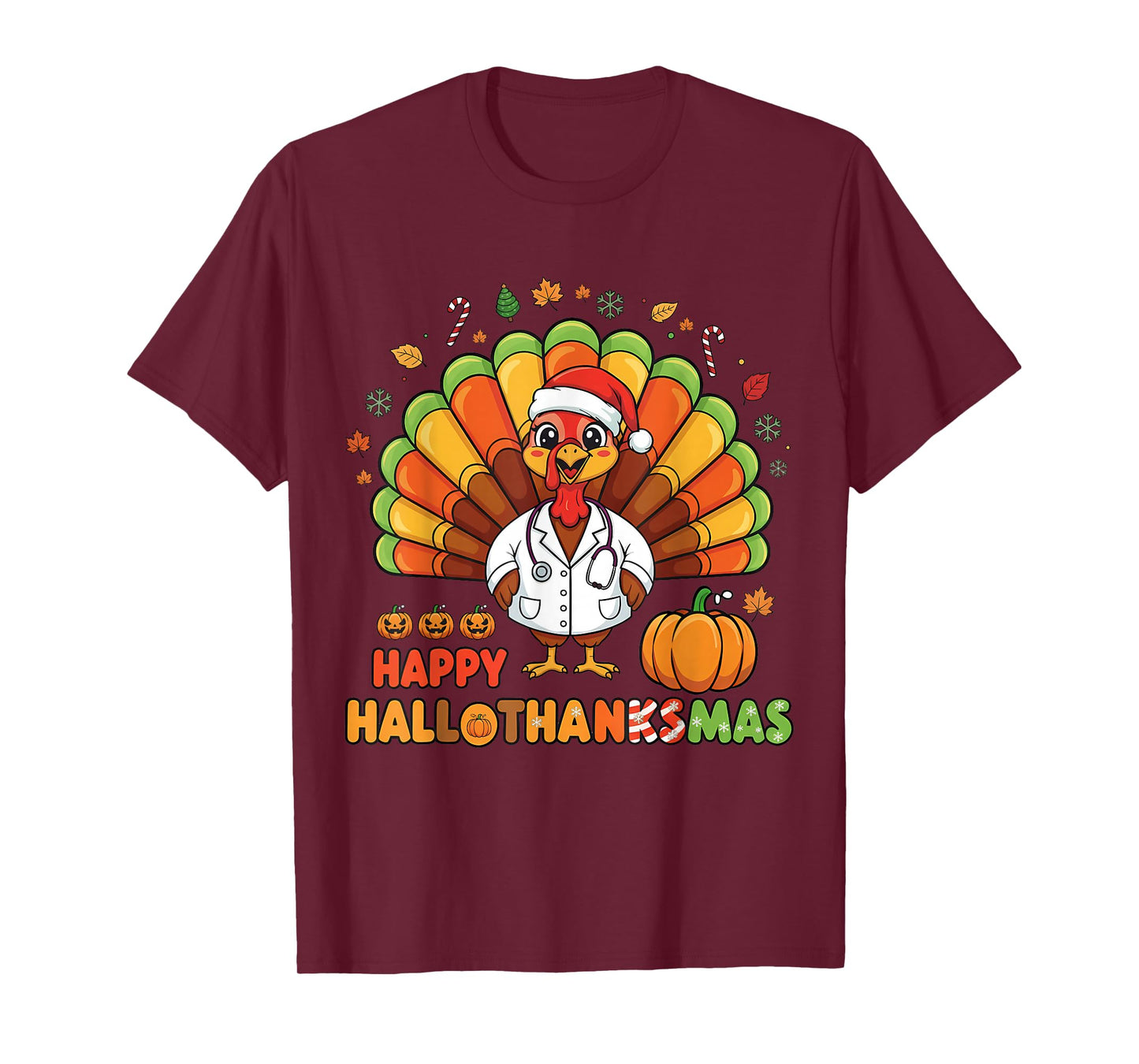 Halloween Thanksgiving Happy HalloThanksMas Santa Lights T-Shirt