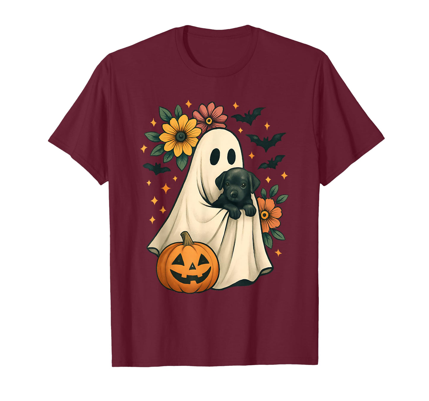 Floral Ghost Black Dog Coquette Funny Halloween Design T-Shirt
