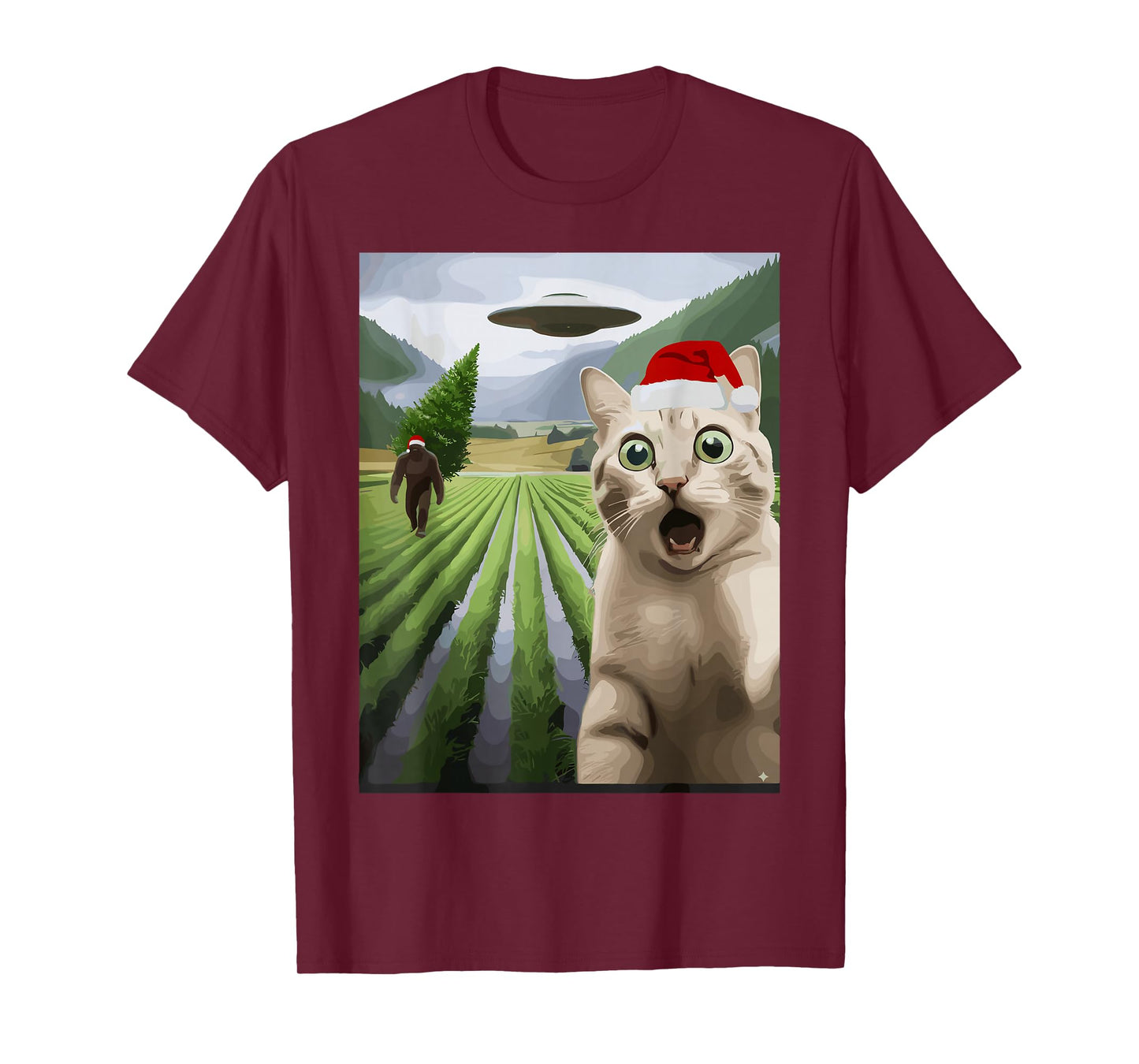 Christmas Cat Bigfoot UFO Alien Funny Holiday T-Shirt