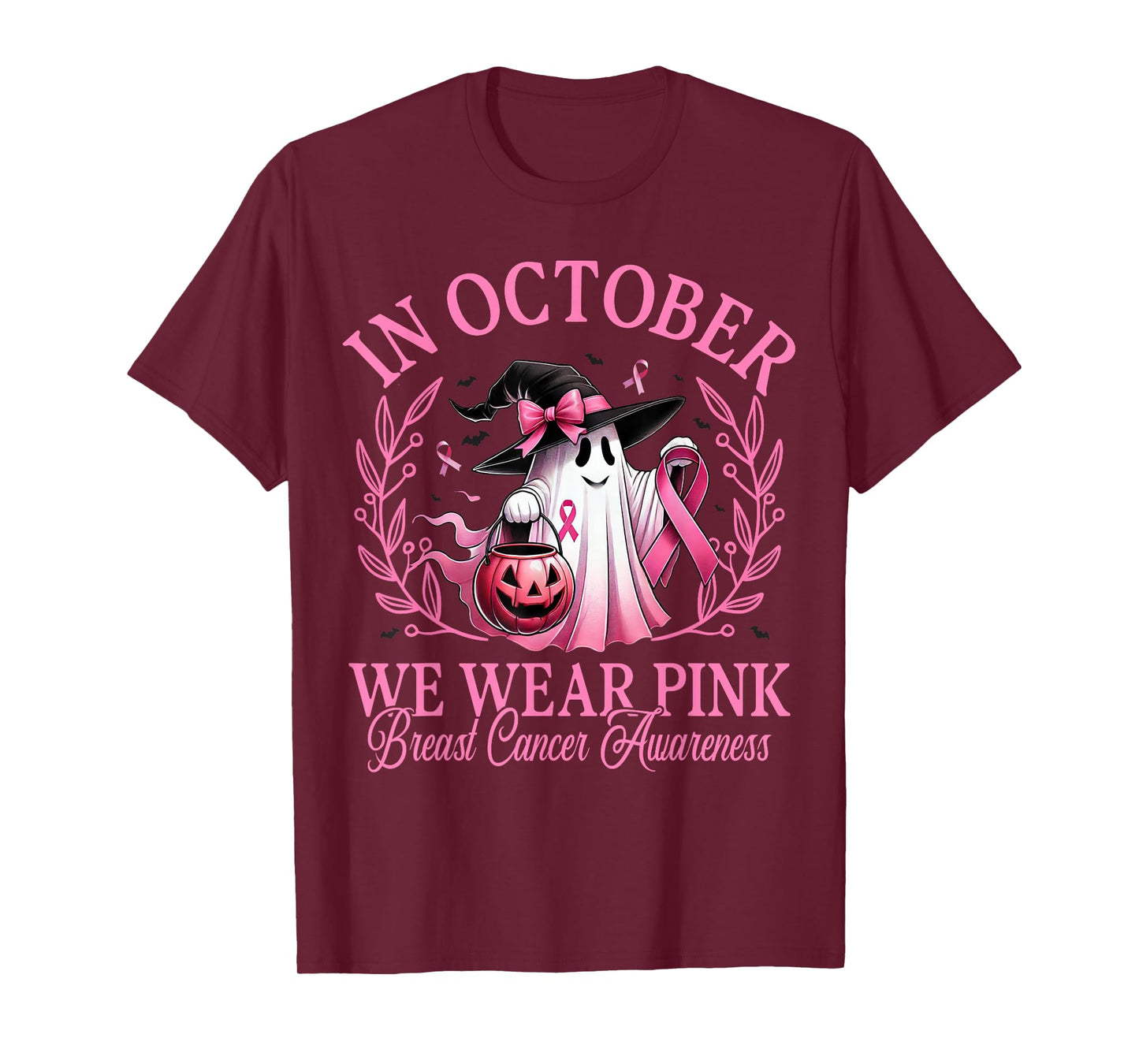 in October We Wear Pink Ghost Witch Breast Cancer Awareness T-Shirt