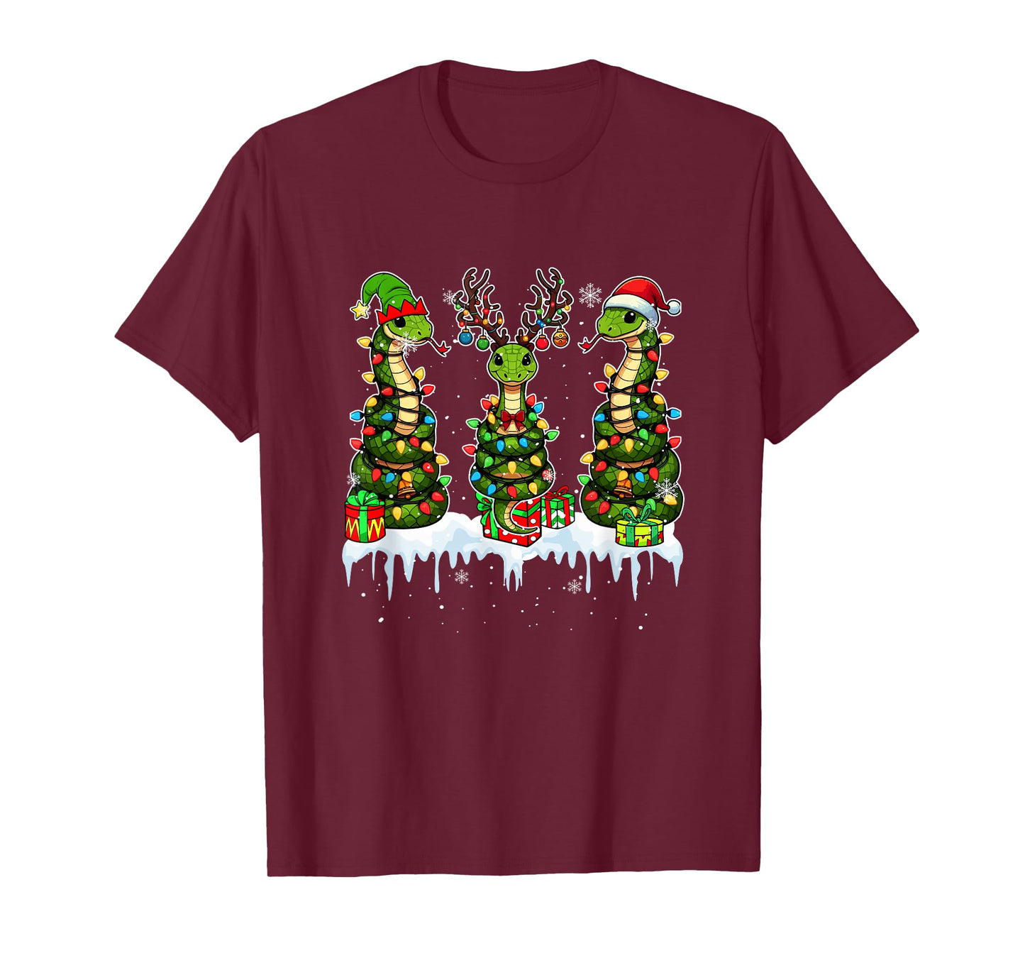 Three Santa Reindeer Elf Snakes Christmas Colorful Lights T-Shirt