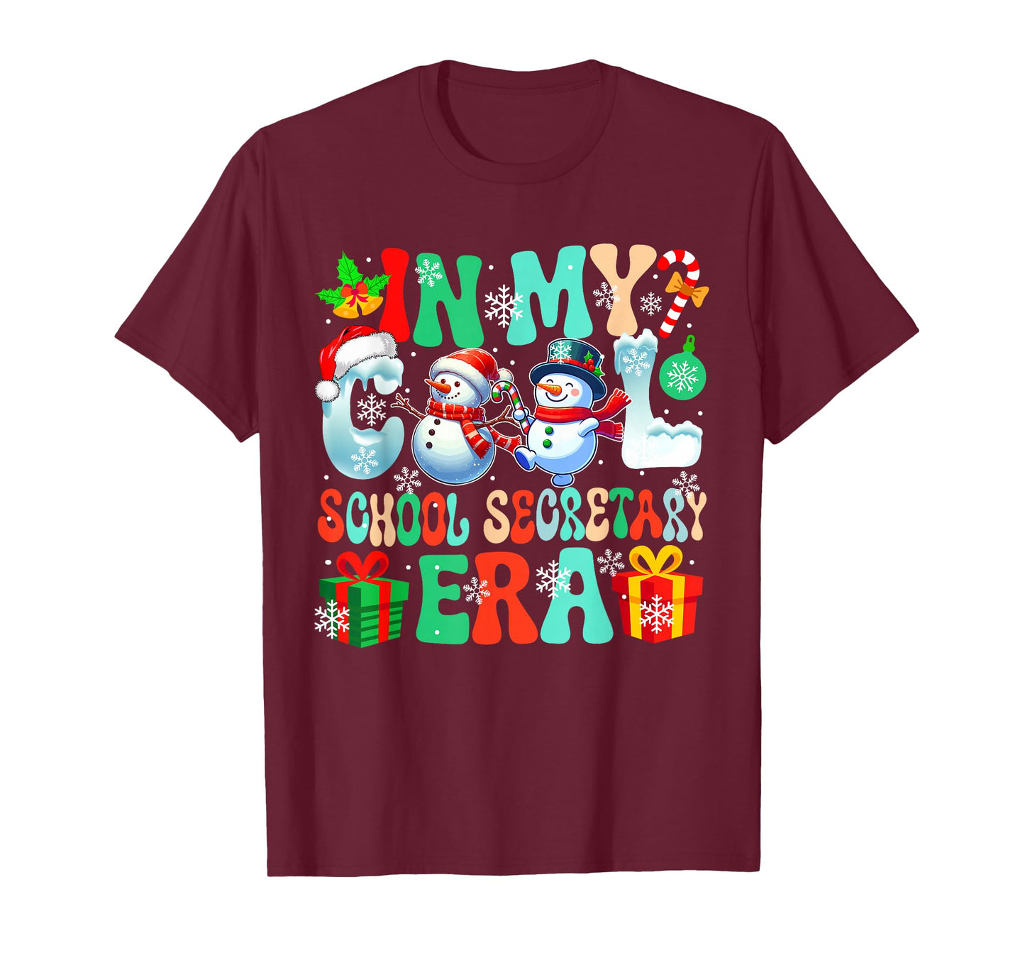 in School Secretary Era Xmas Proud Job Santa Snowmen Lover T-Shirt