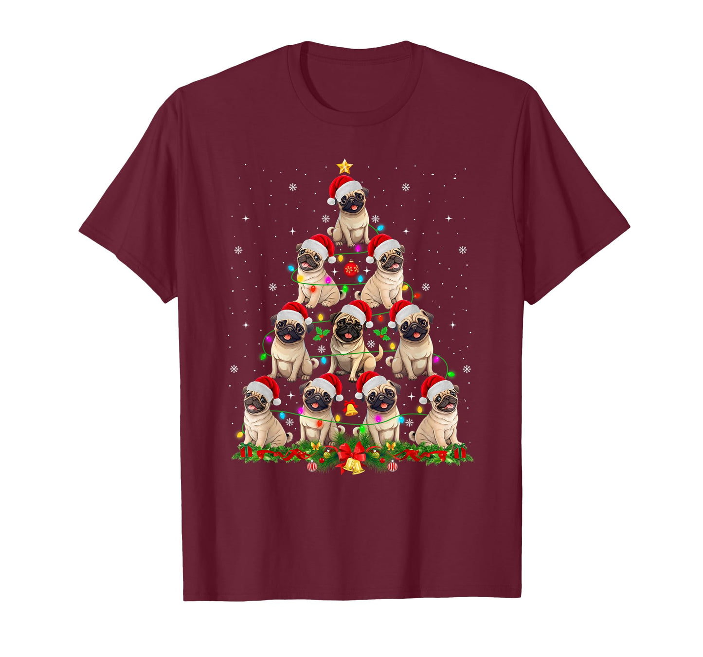 Pug Santa Hat Christmas Tree Lights Xmas Pugmas Dog Lover T-Shirt