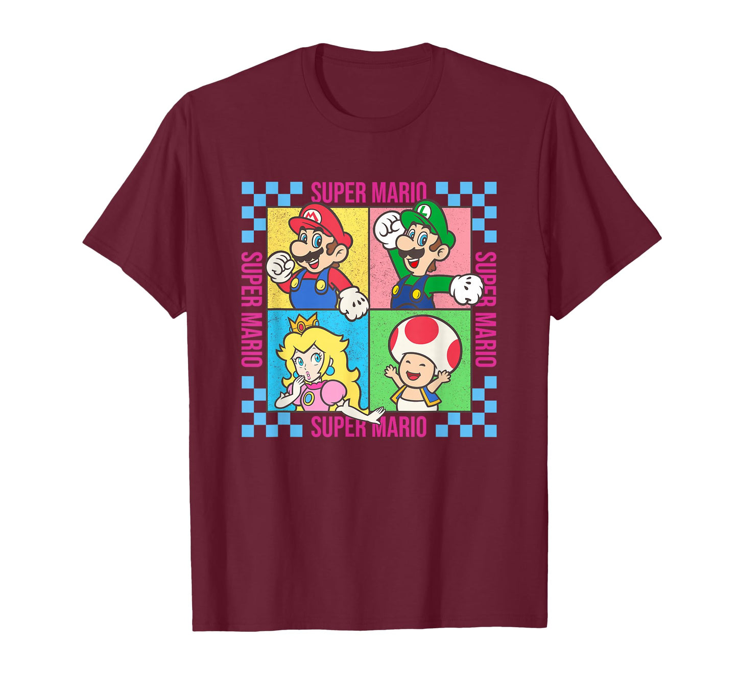 Super Mario Neon Pastel Checkerboard Frame Group Shot T-Shirt