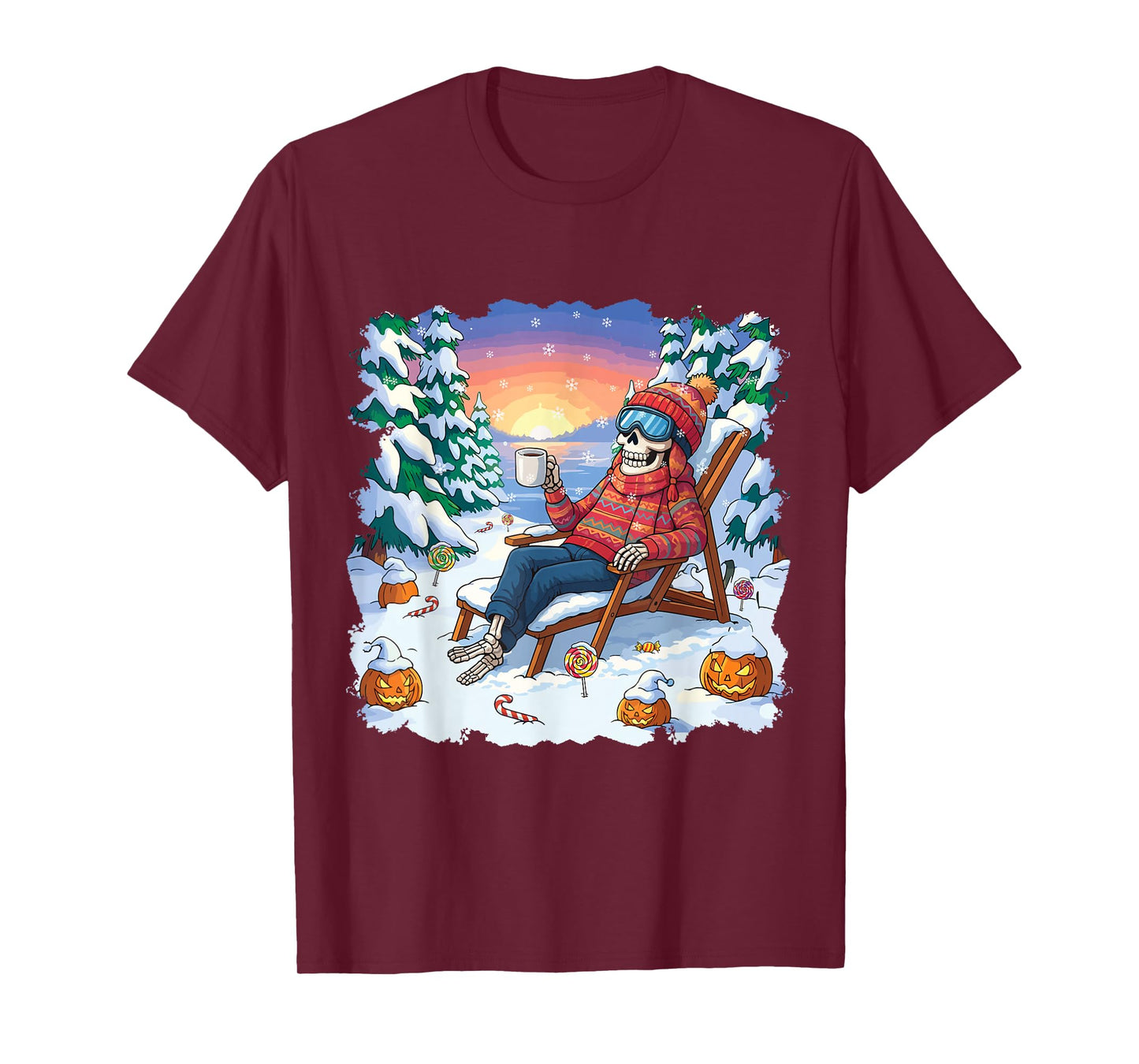 Winterween Winter Halloween Skeleton and Pumpkin Christmas T-Shirt