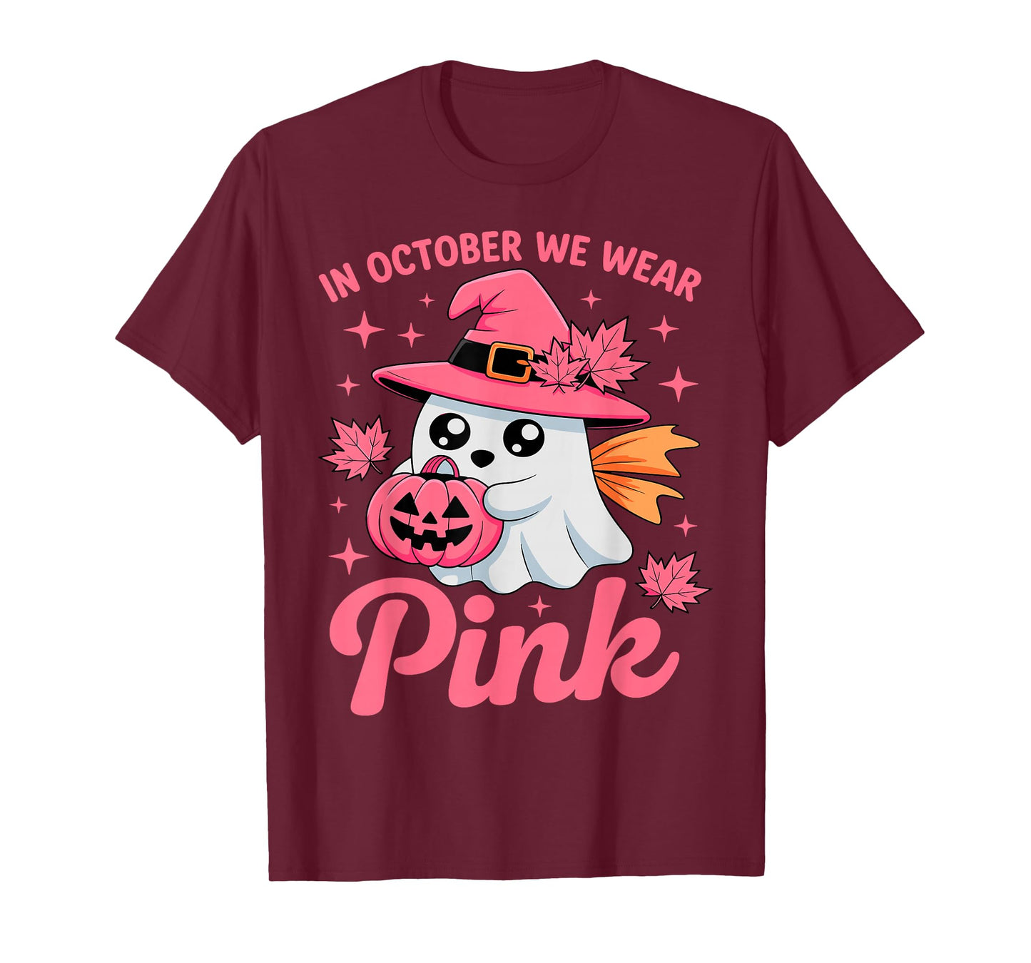 in October We Wear Pink Breast Cancer Awareness Witch Ghost T-Shirt
