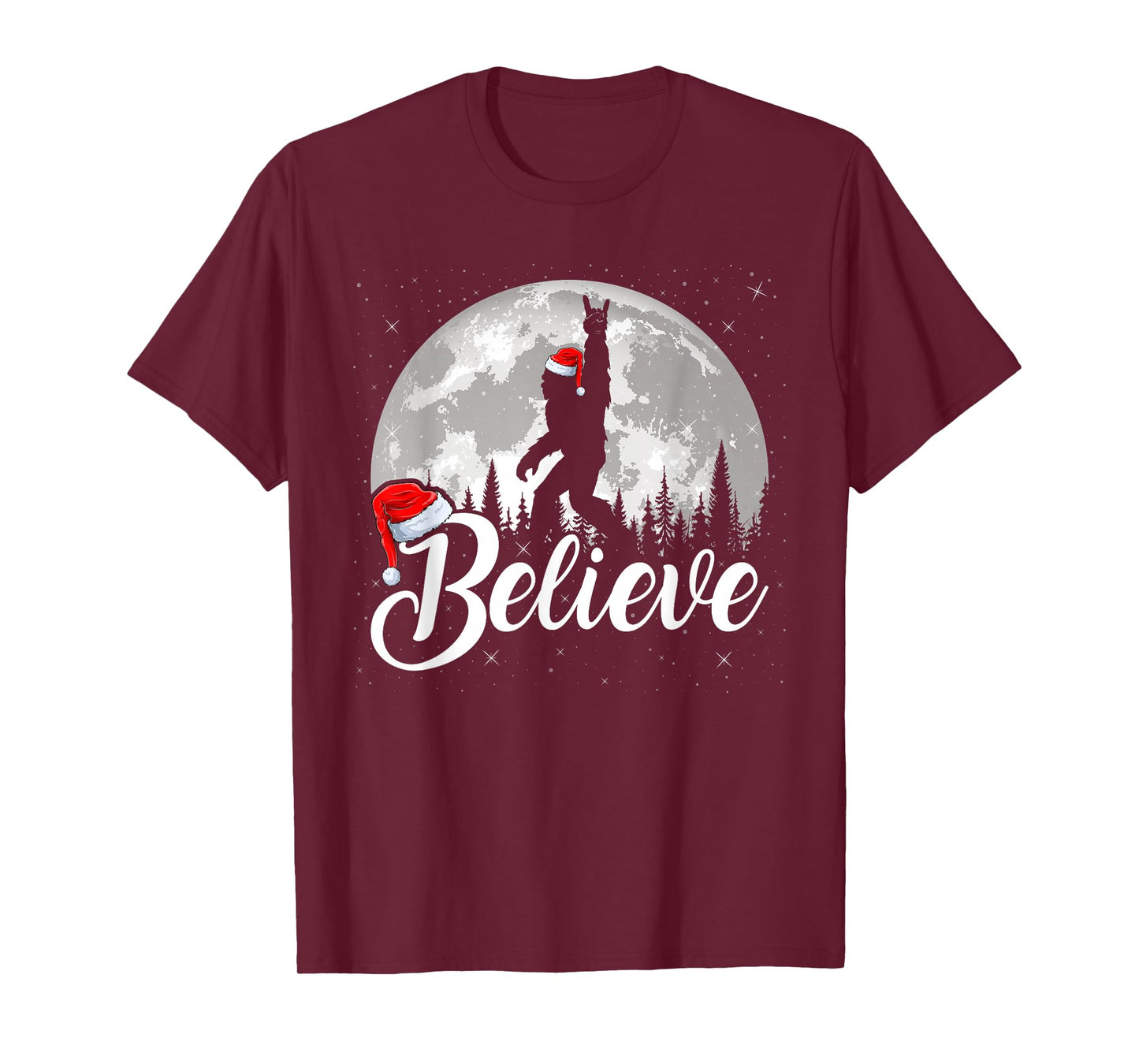 Believe Xmas Santa Bigfoot Sasquatch in Moon Light Christmas T-Shirt