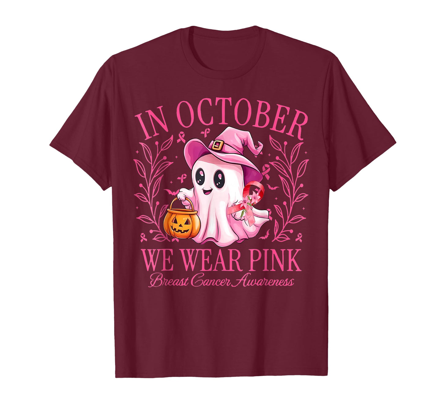 in October We Wear Pink Ghost Witch Breast Cancer Awareness T-Shirt