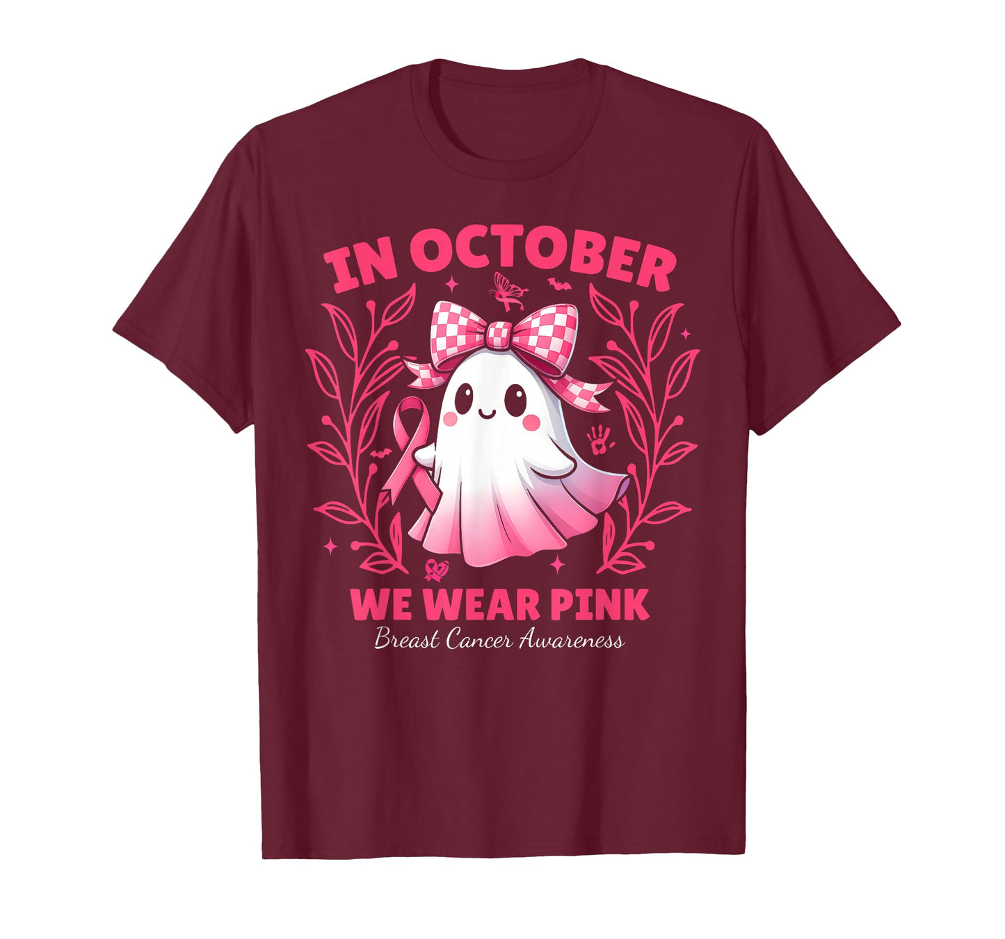 in October We Wear Pink Ghost Witch Breast Cancer Awareness T-Shirt