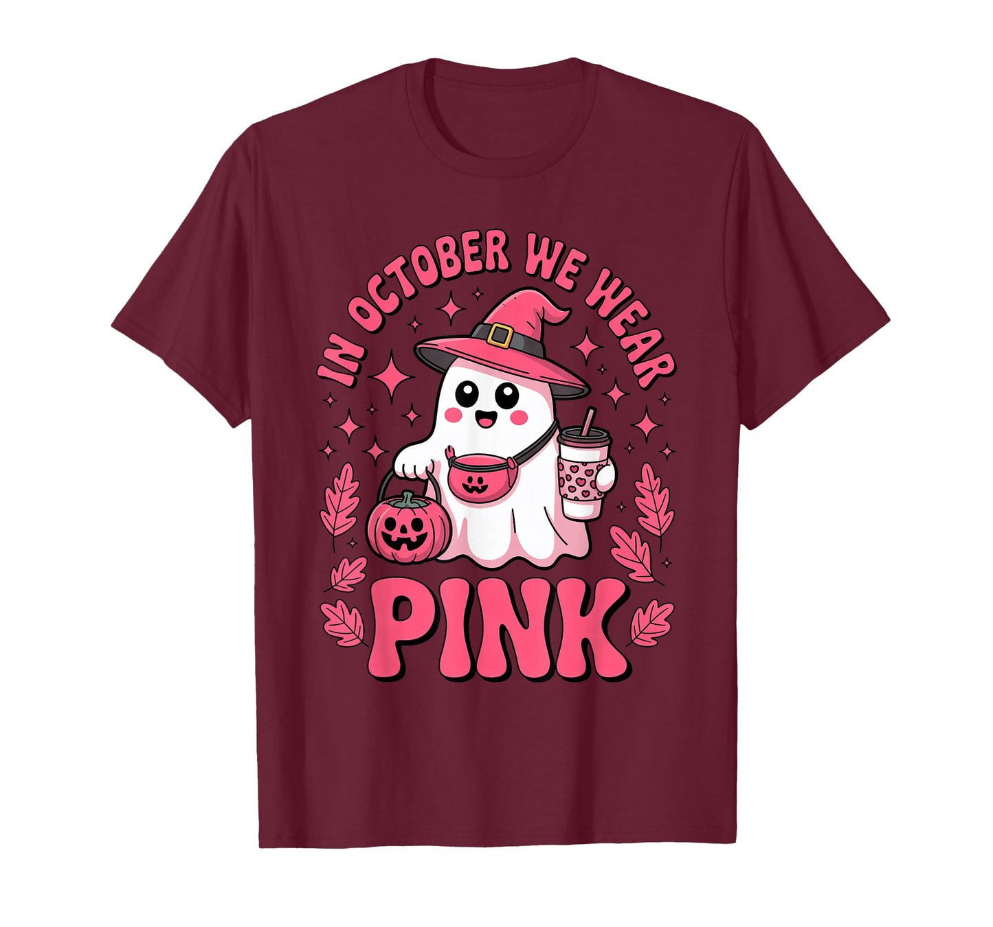 Halloween Witch Ghost with Coffee in October We Wear Pink T-Shirt