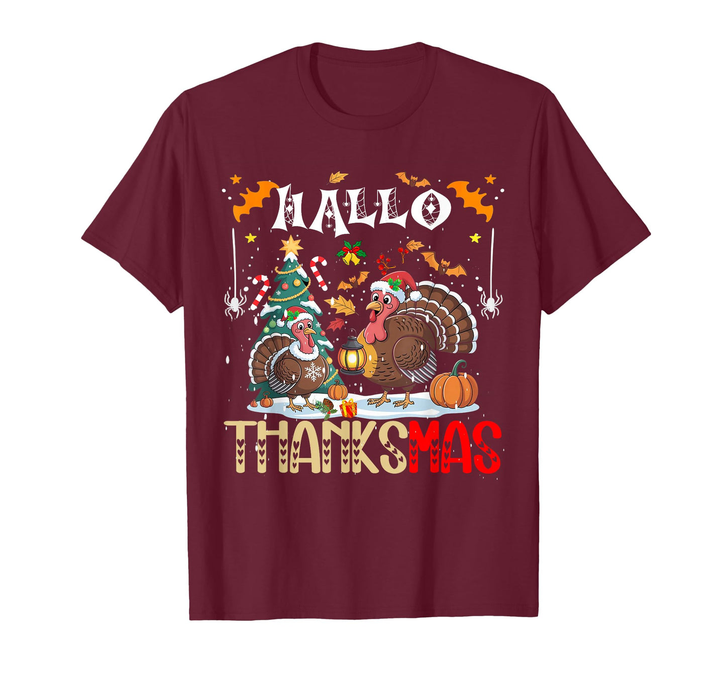 Funny HalloThanksMas Happy Thanksgiving Santa Turkey T-Shirt
