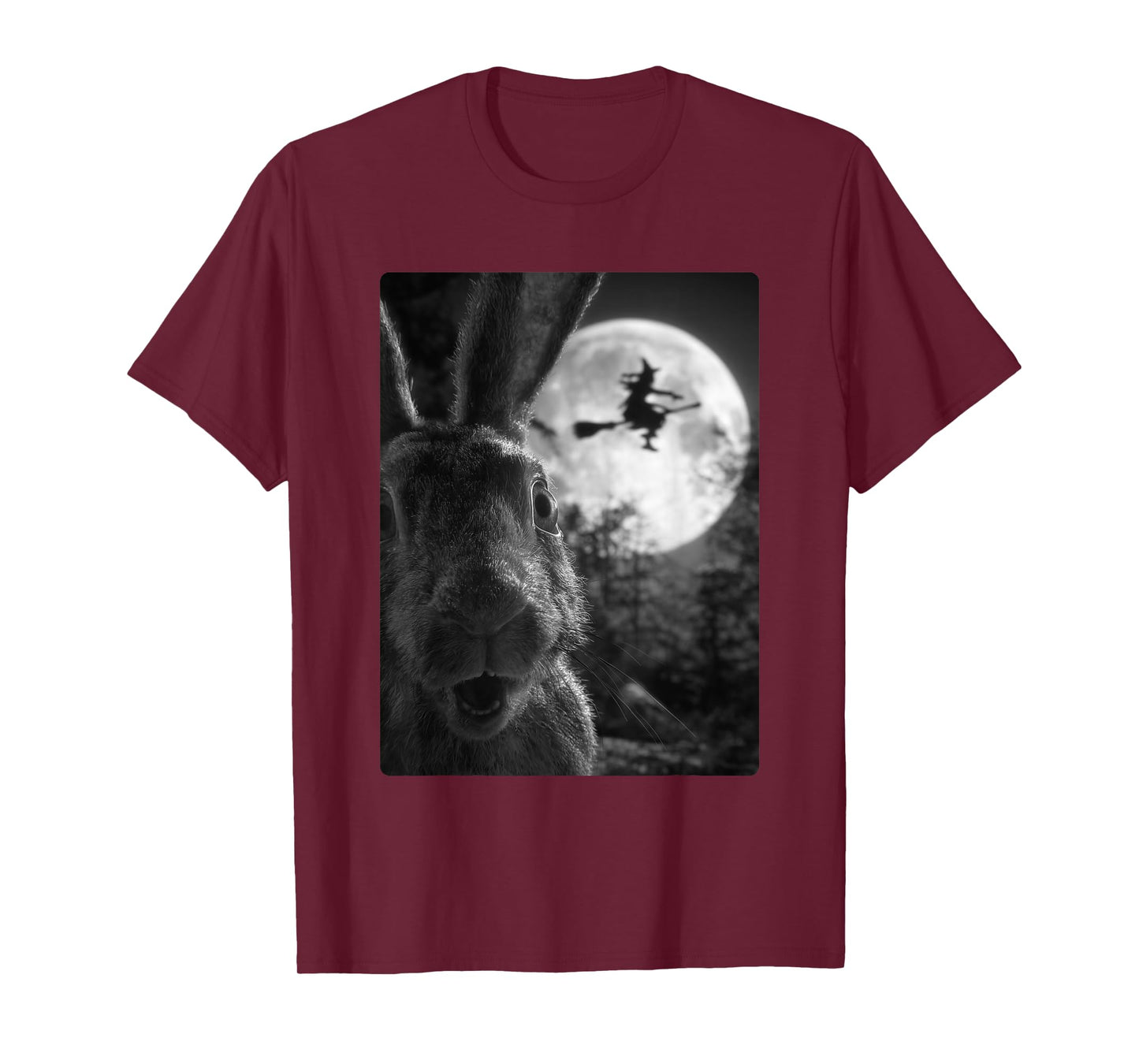 Funny Rabbit Selfie Full Moon Flying Witch Forest Halloween T-Shirt