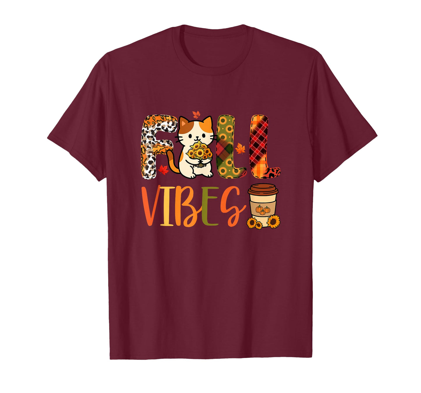 Fall Funny Vibes Thanksgiving Cat Flowers Leopard Owner T-Shirt