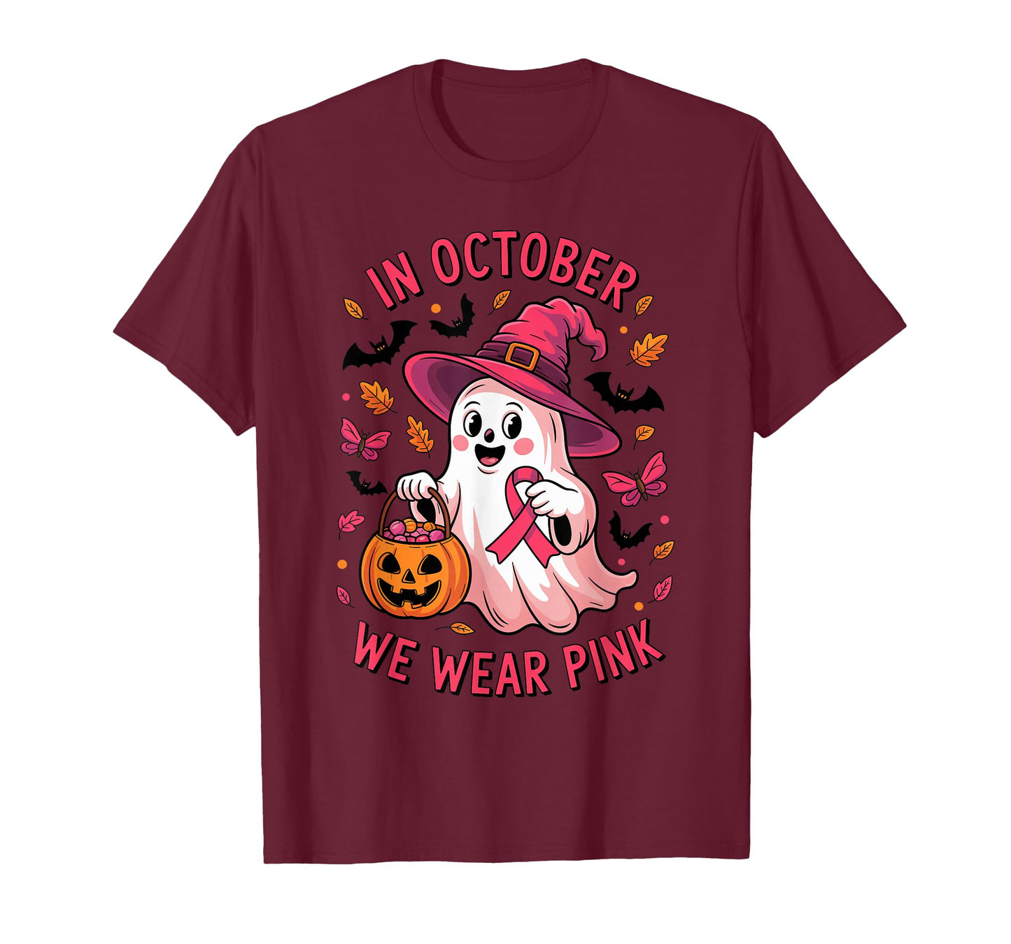 Cute Halloween Ghost Witch in October We Wear Pink Costume T-Shirt