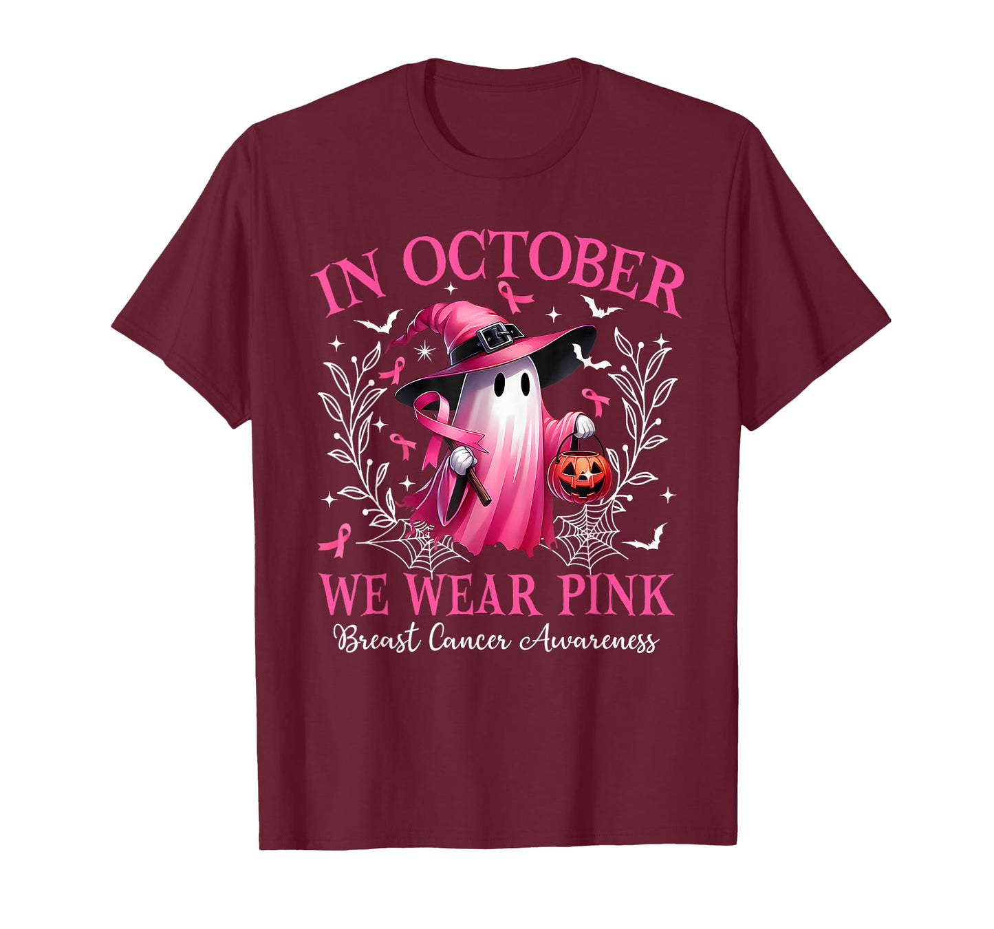 in October We Wear Pink Halloween Witch Ghost Pumpkin T-Shirt