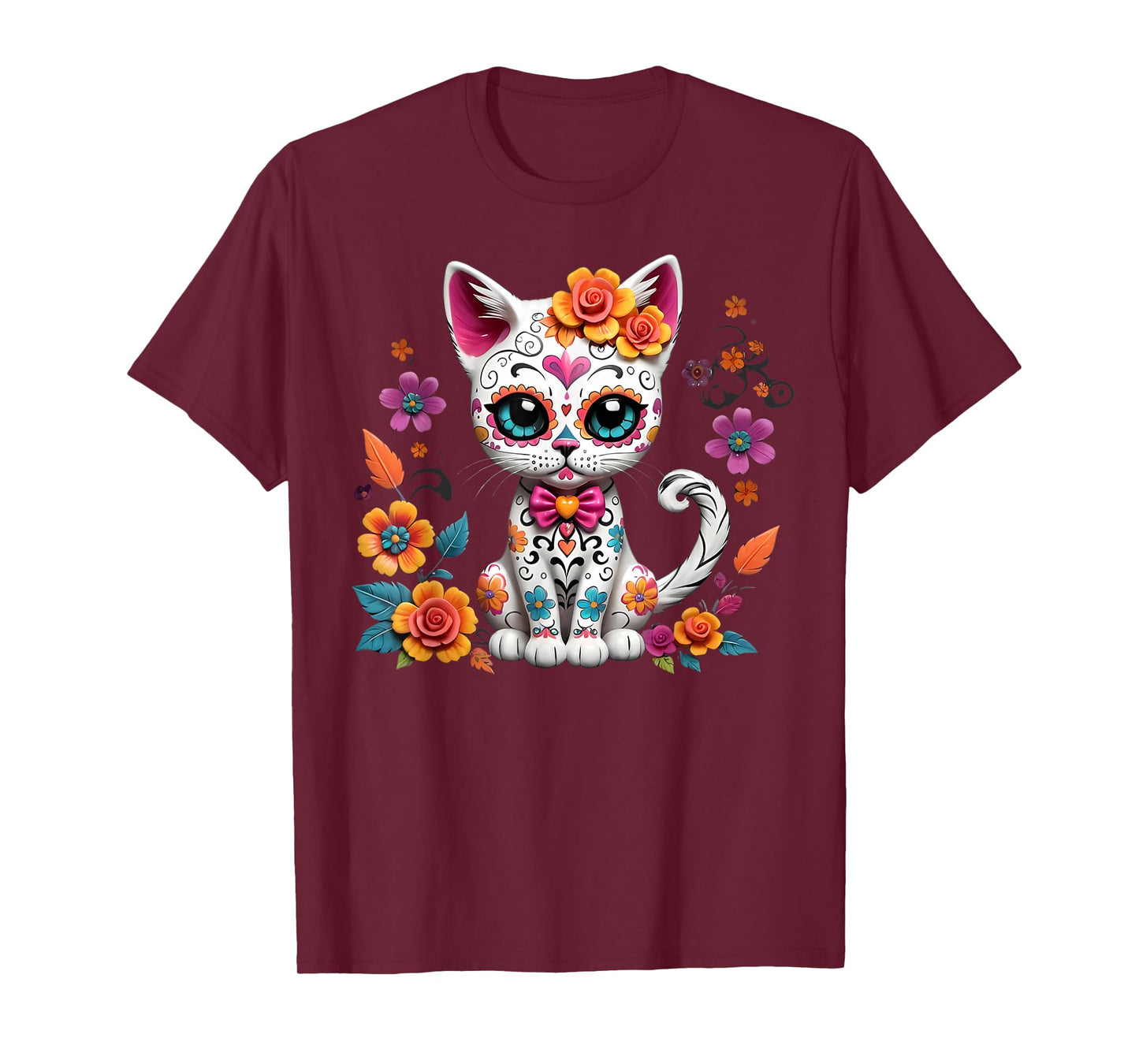 Floral Cat Sugar Skull Day of the Dead Dia de los Muertos T-Shirt