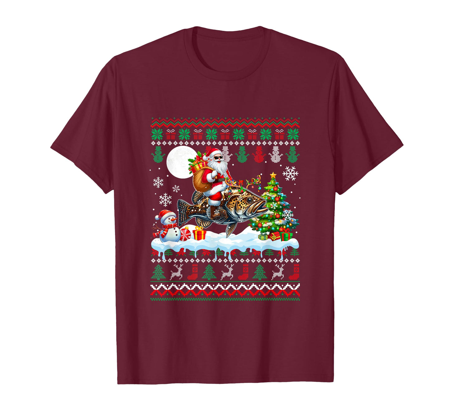 Santa Riding Reindeer Grouper Sweater Xmas Tree Snowman T-Shirt