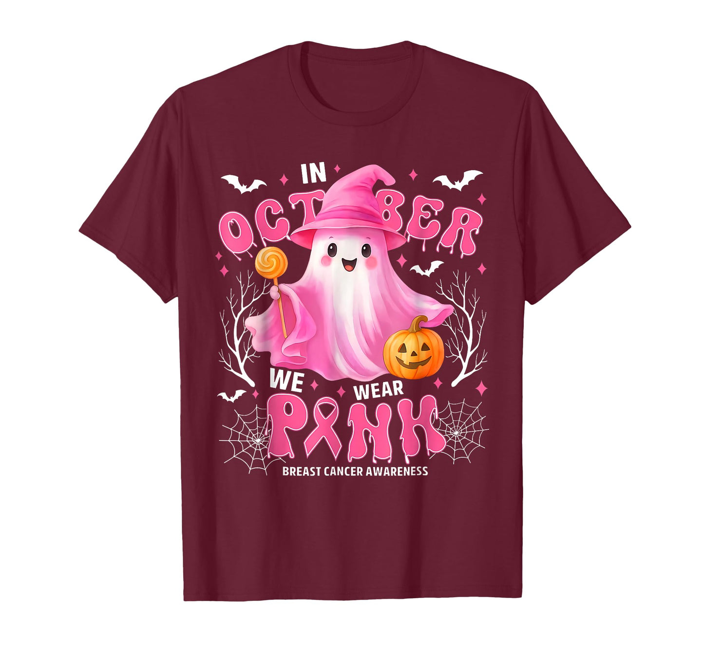 in October We Wear Pink Ghost Breast Cancer Awareness T-Shirt