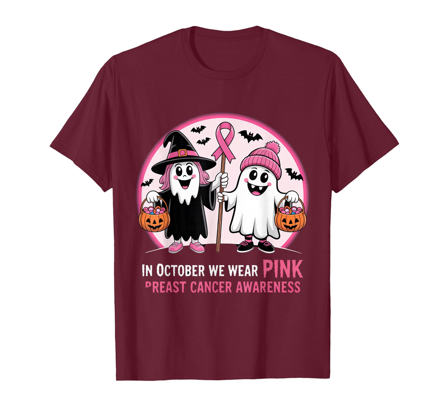 in October We Wear Pink Ghost Witch Breast Cancer Awareness T-Shirt