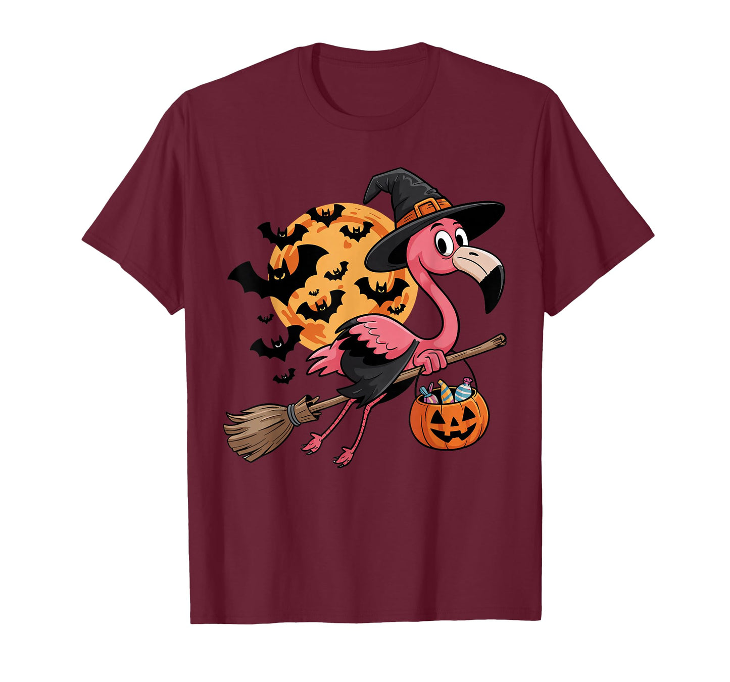 Flamingo in Witch Hat on a Broom Halloween Spooky Costume T-Shirt