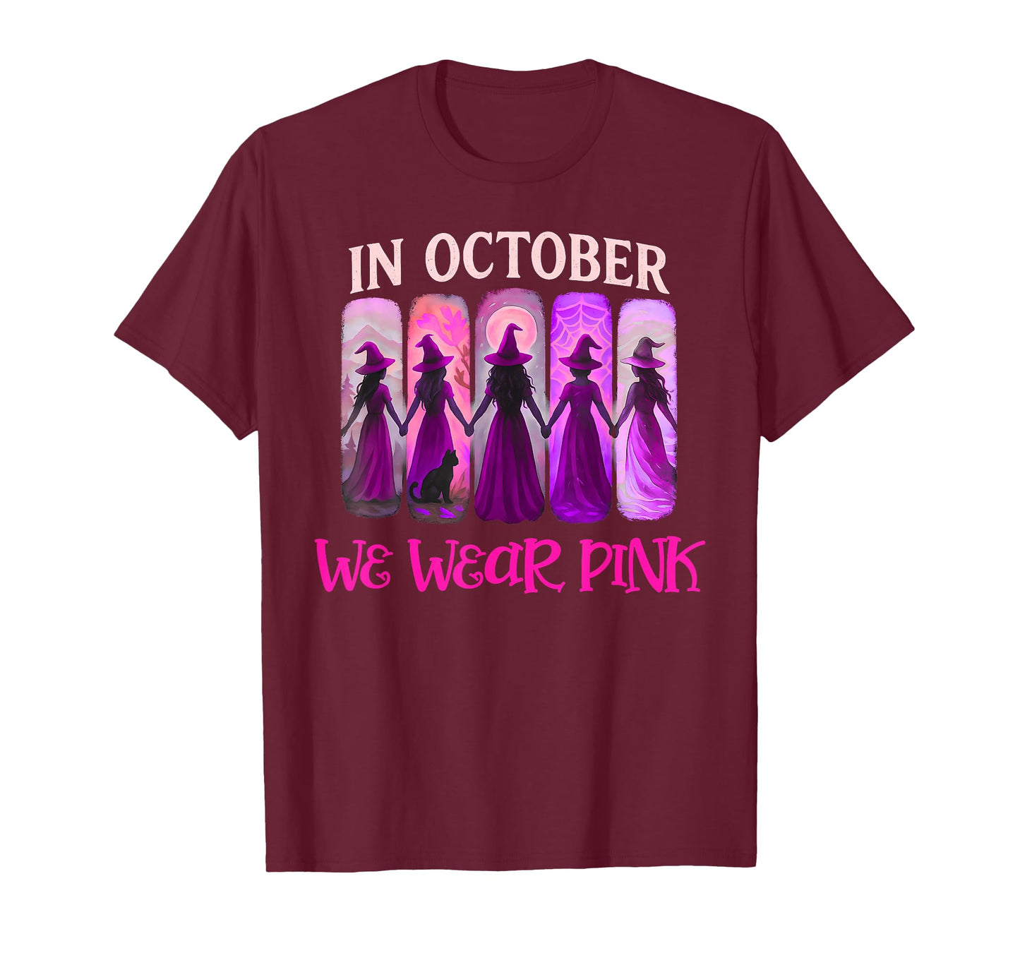 in October We Wear Pink Witch Halloween Breast Cancer Women T-Shirt
