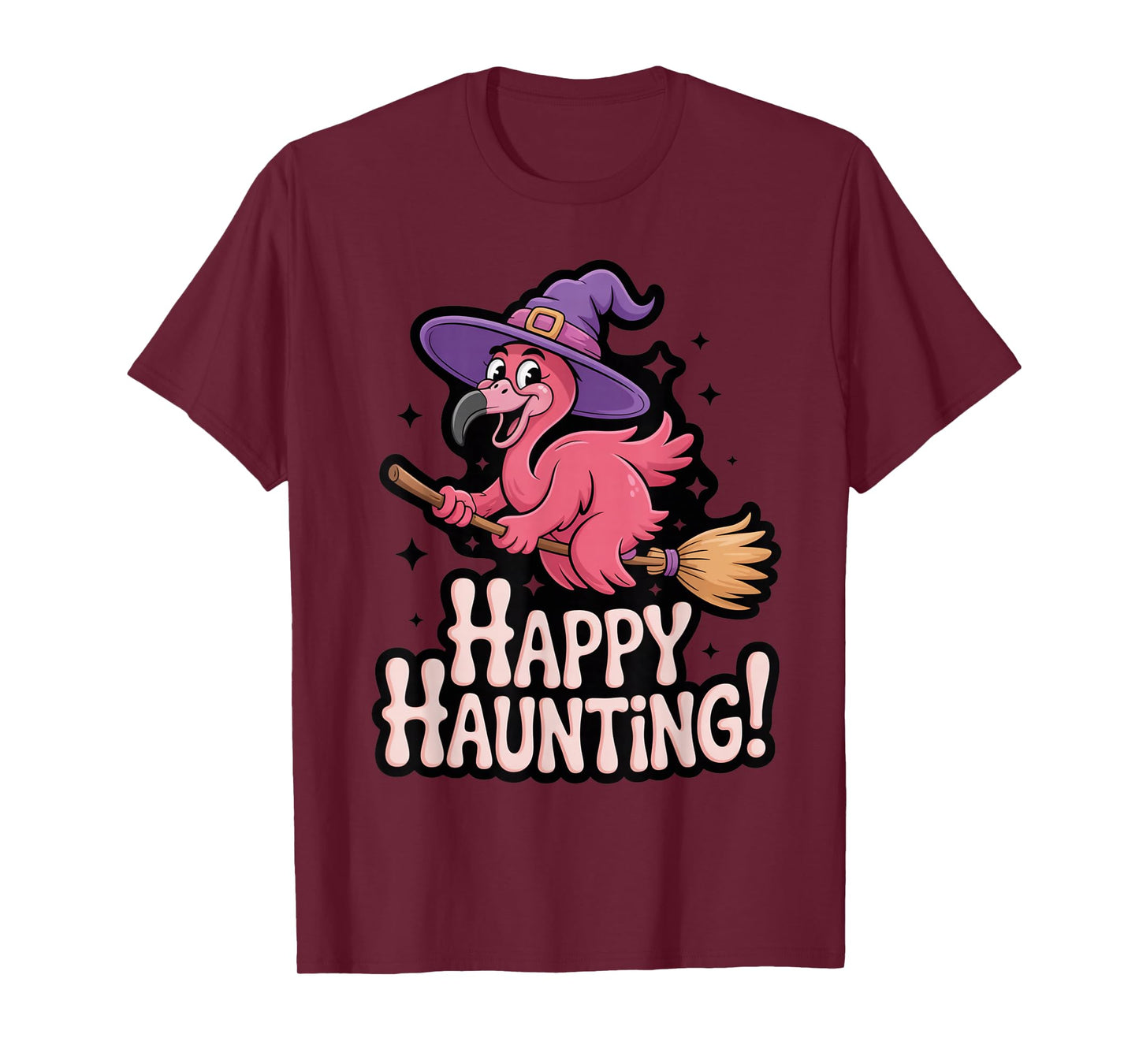 Happy Haunting Flamingo Witch on Broom T-Shirt
