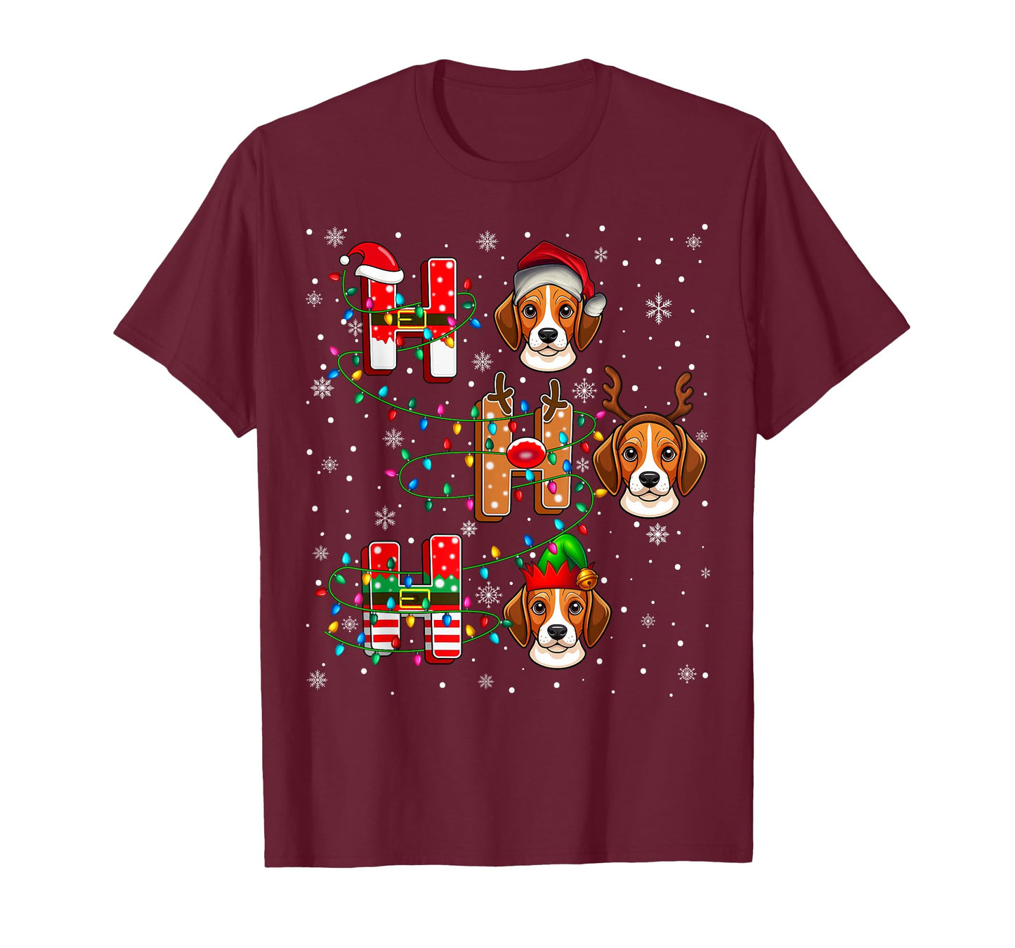 Ho Ho Ho Santa Reindeer Hat Elf Matching Beagle Dog Xmas T-Shirt
