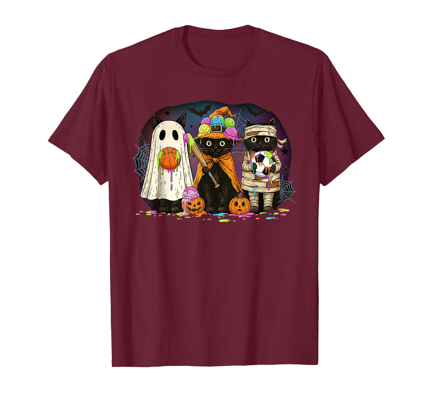Retro Black Cat Ice Cream Drip Halloween Baseball Soccer T-Shirt