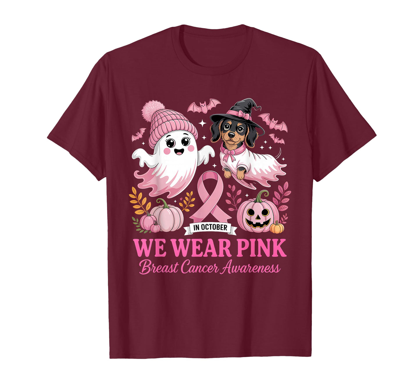 in October We Wear Pink Ghost Dachshund Breast Cancer T-Shirt