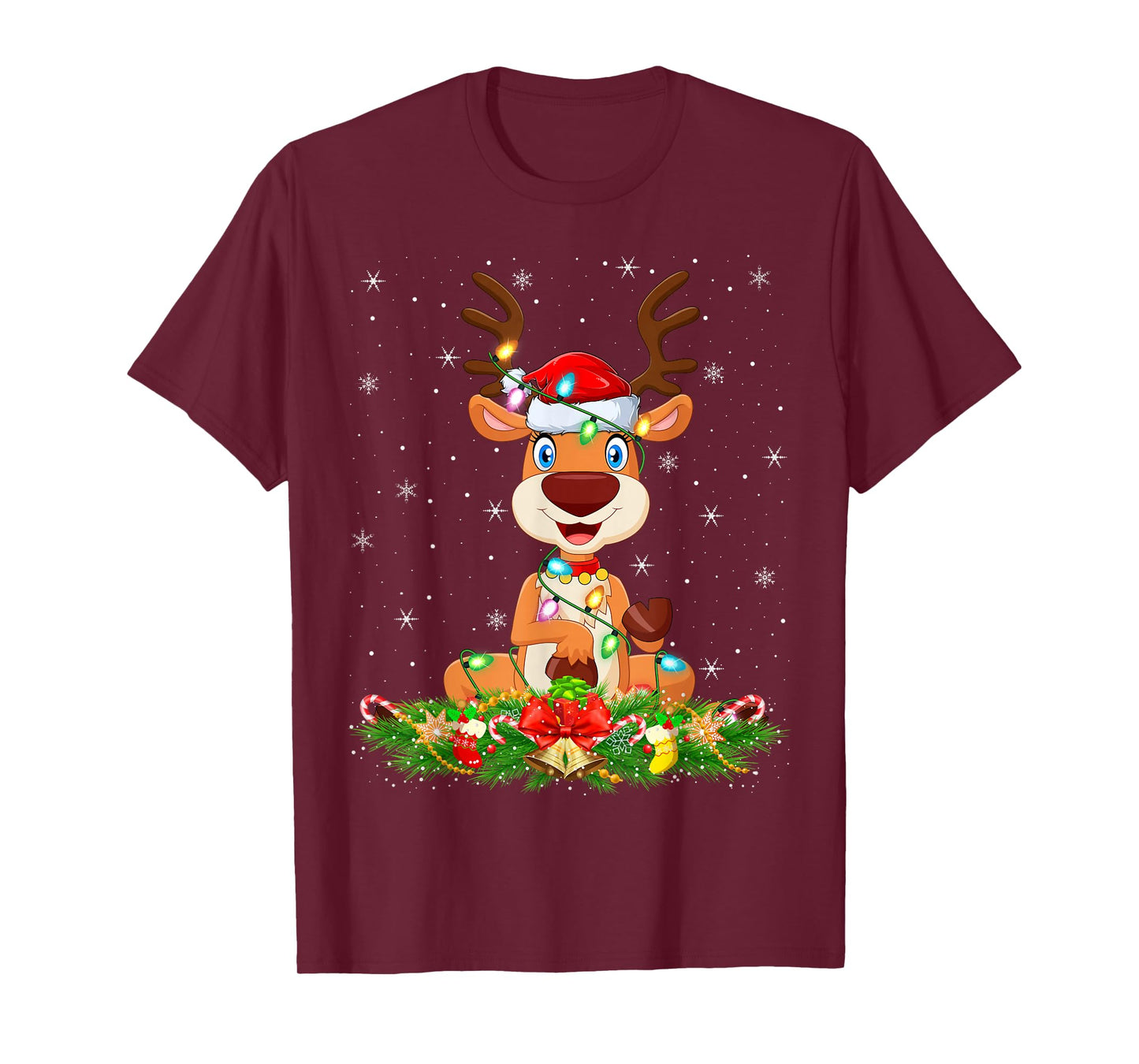 Reindeer Christmas Lights Funny Santa Hat Reindeer Xmas T-Shirt