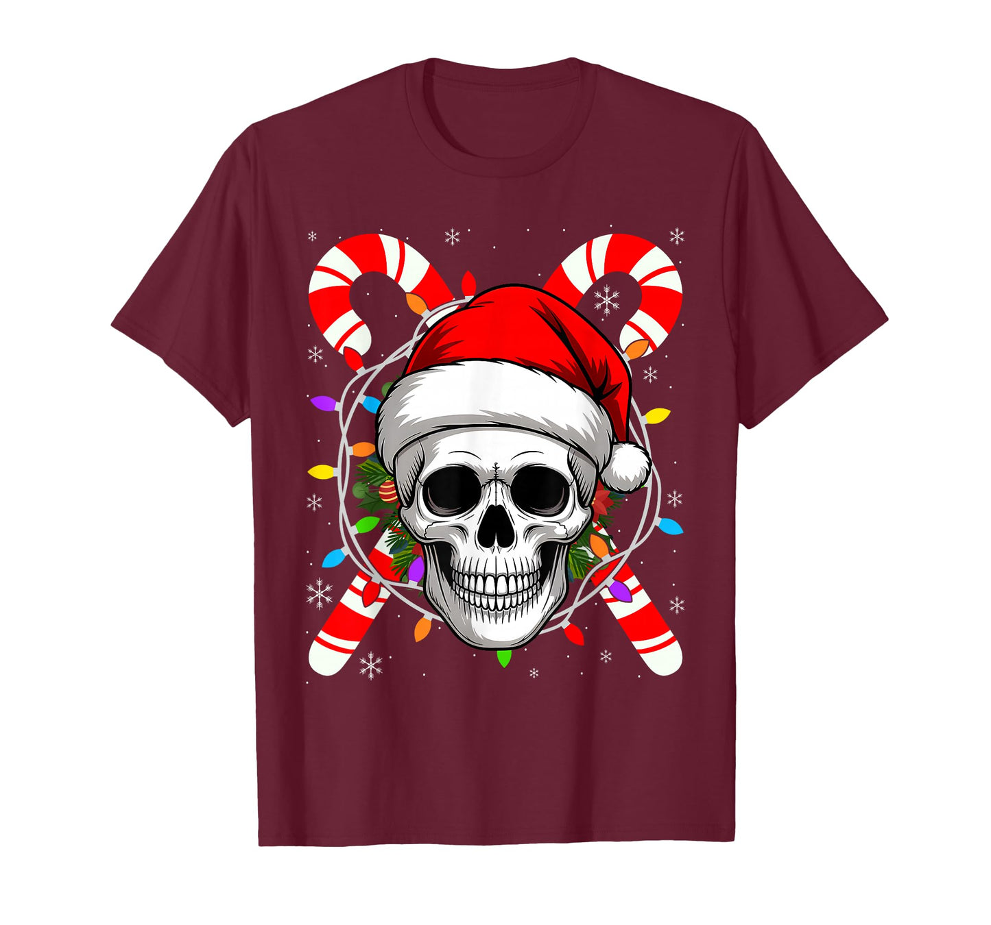 Christmas Skull with Candy Canes and Santa Claus Hat T-Shirt
