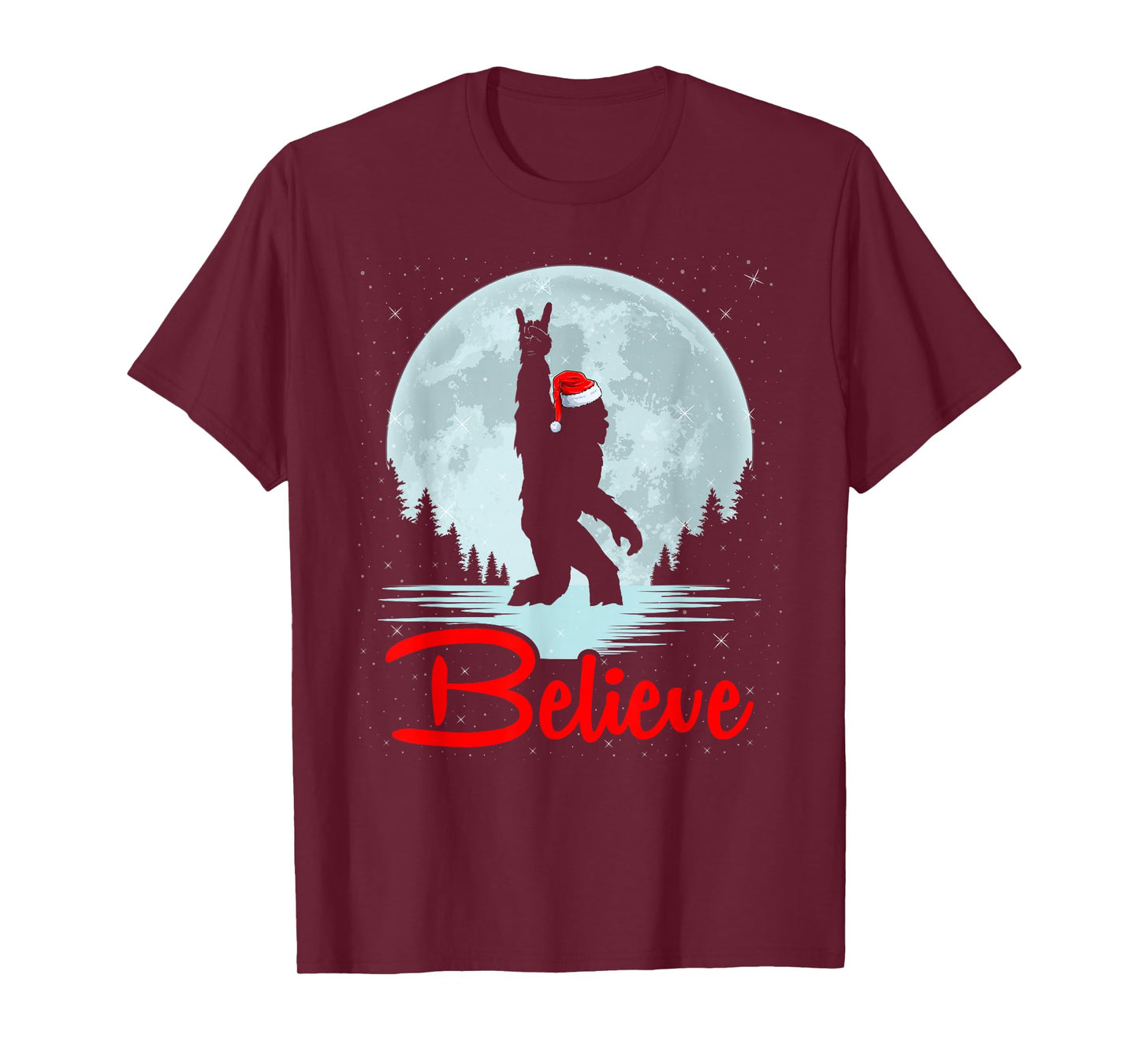 Santa Bigfoot Xmas Funny Sasquatch in Moon Believe Christmas T-Shirt