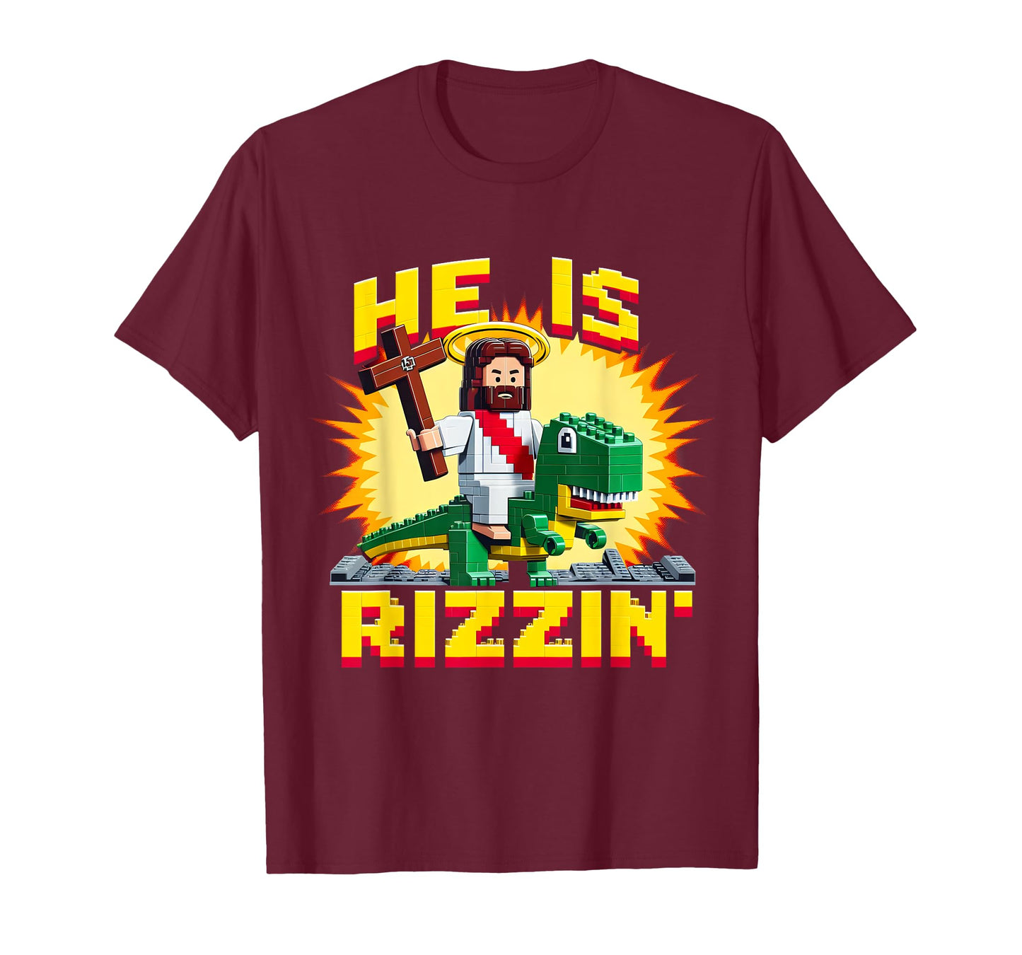 He Is Rizzen Jesus Has Rizzen Retro Christian Pixel Dinosaur T-Shirt