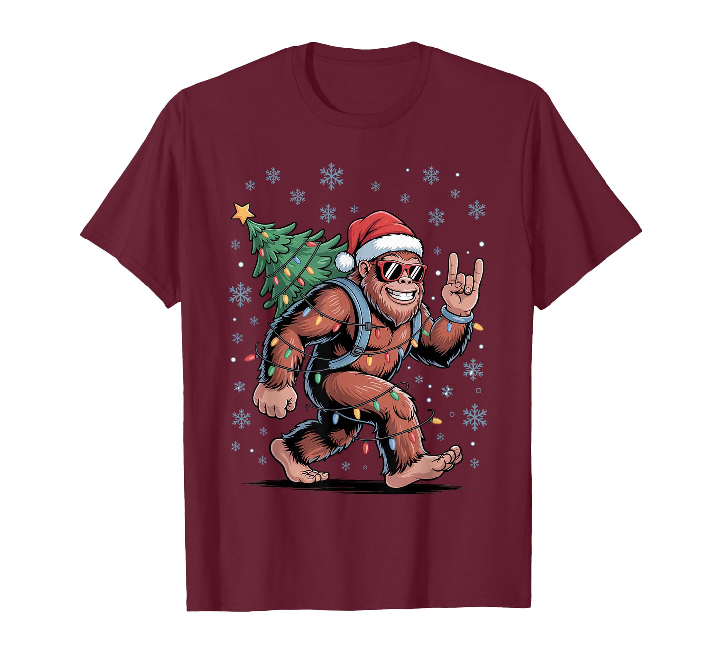 Santa Bigfoot Christmas Tree Xmas Lights Funny Sasquatch T-Shirt