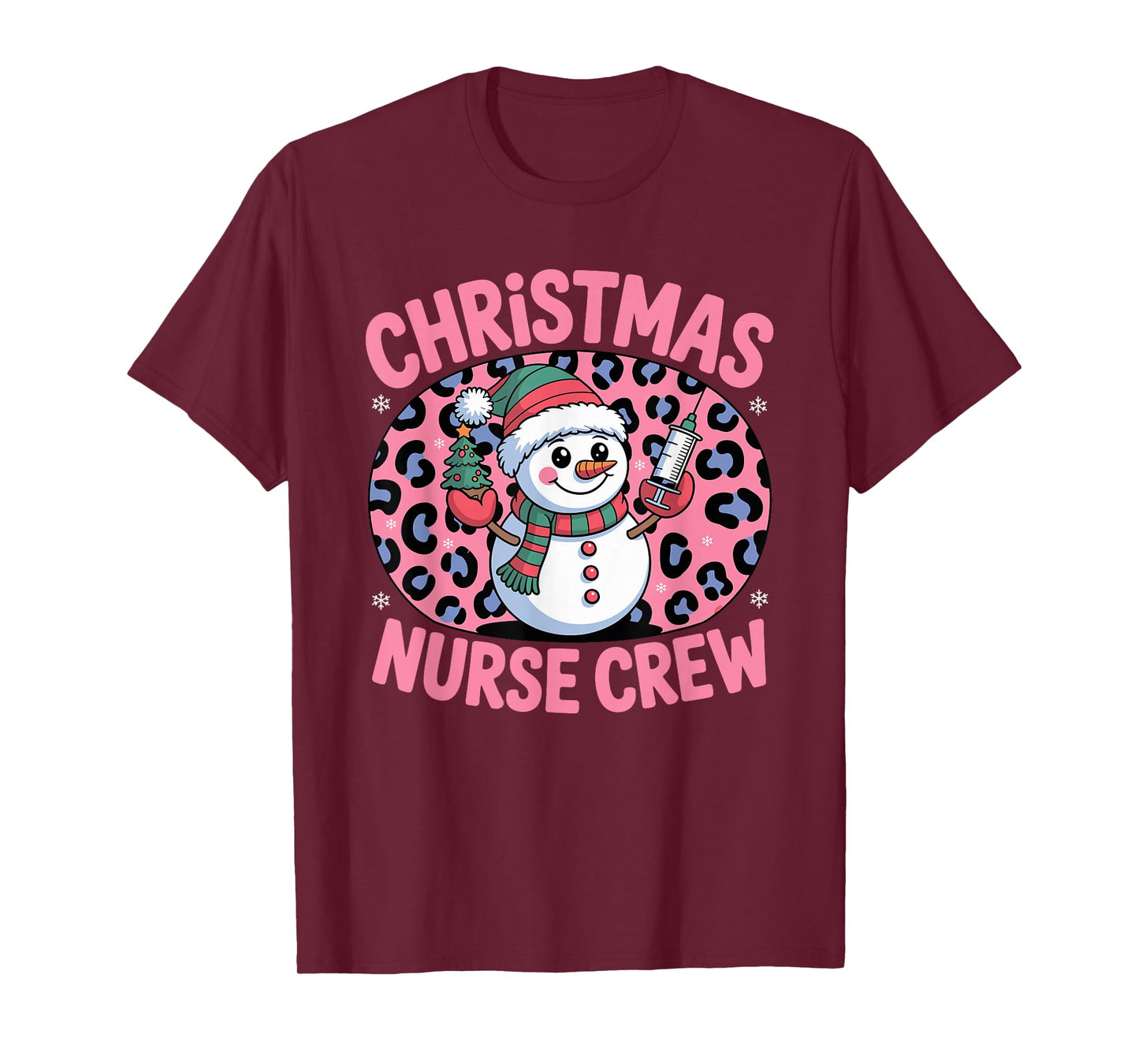 Nurse Christmas Crew Snowman Pink Leopard Print T-Shirt