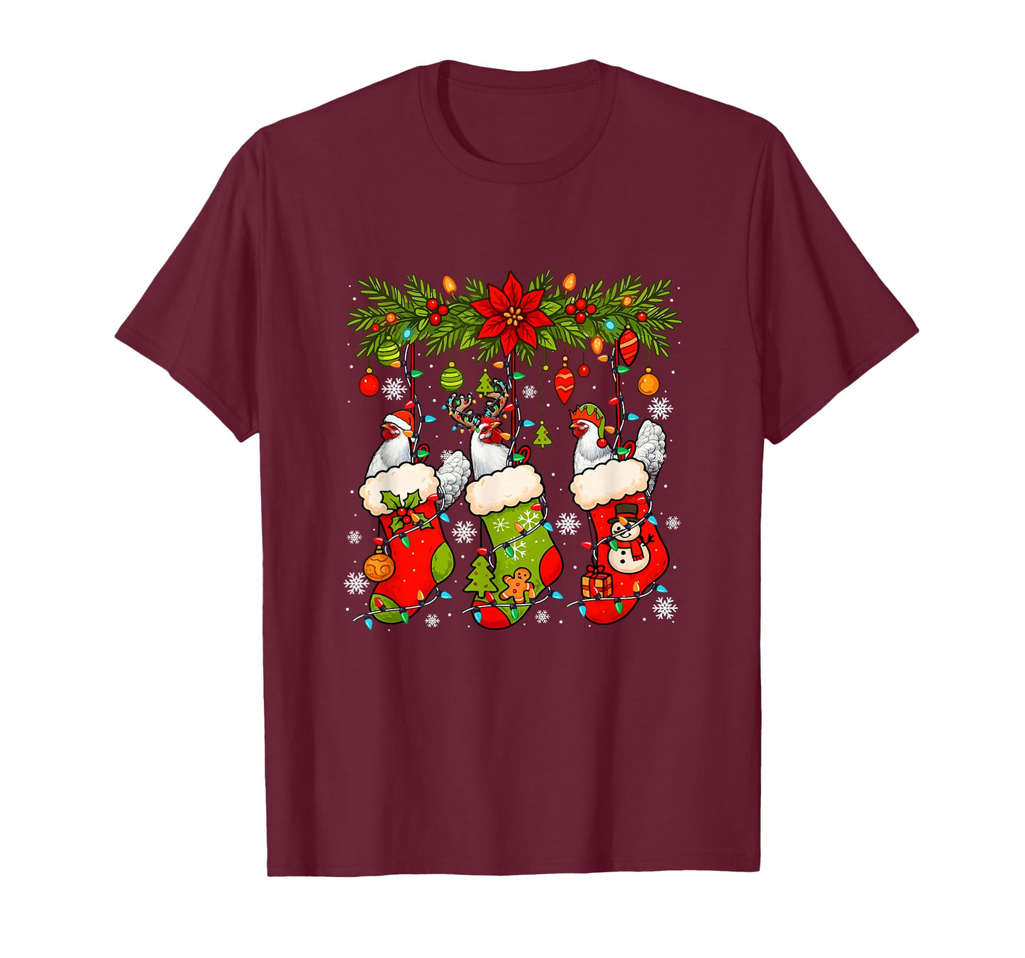 Three Santa Elf Reindeer Chickens in Xmas Colorful Socks T-Shirt