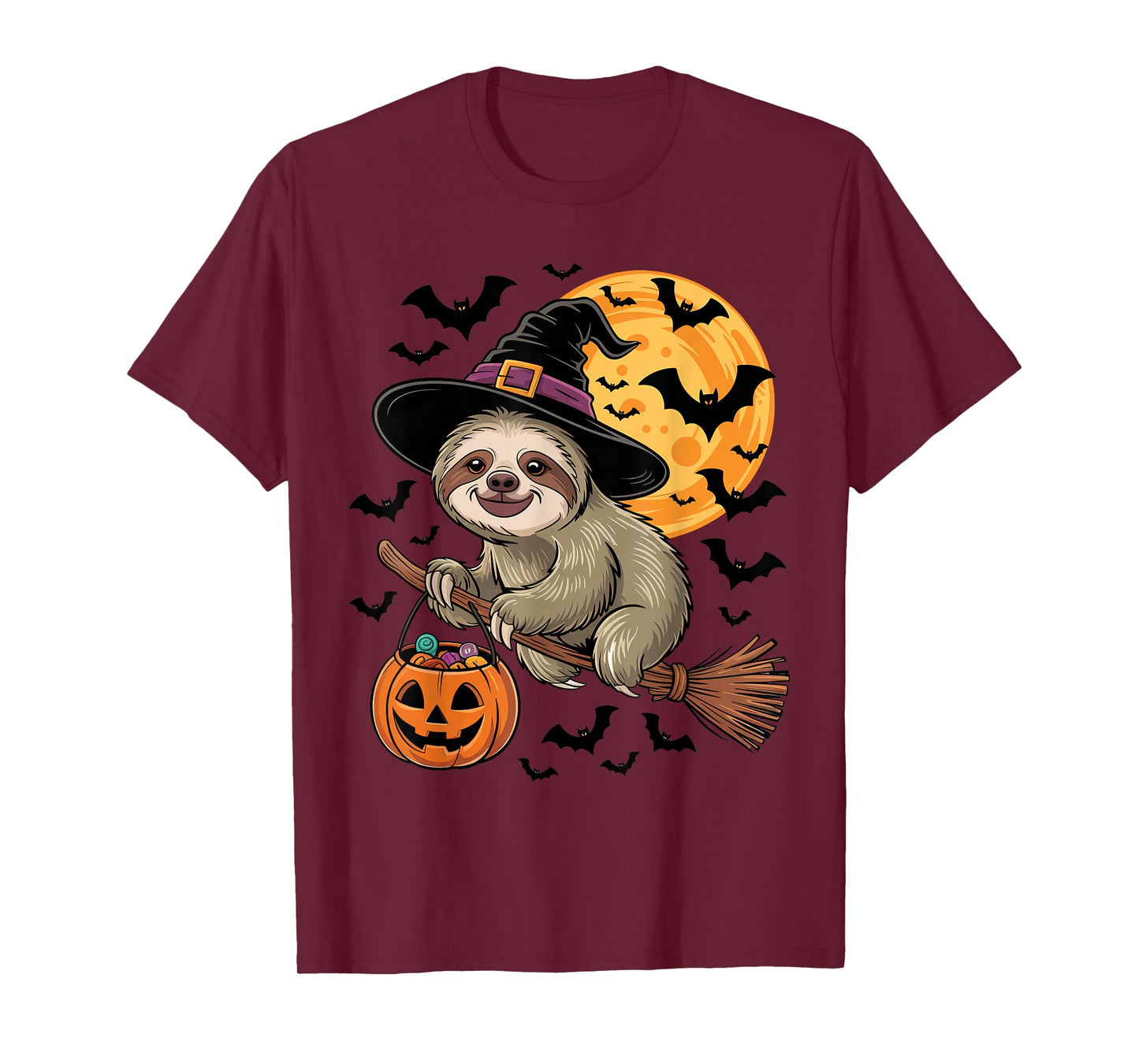 Cute Sloth Witch Hat on Broom Halloween Pumpkin Candy Bucket T-Shirt
