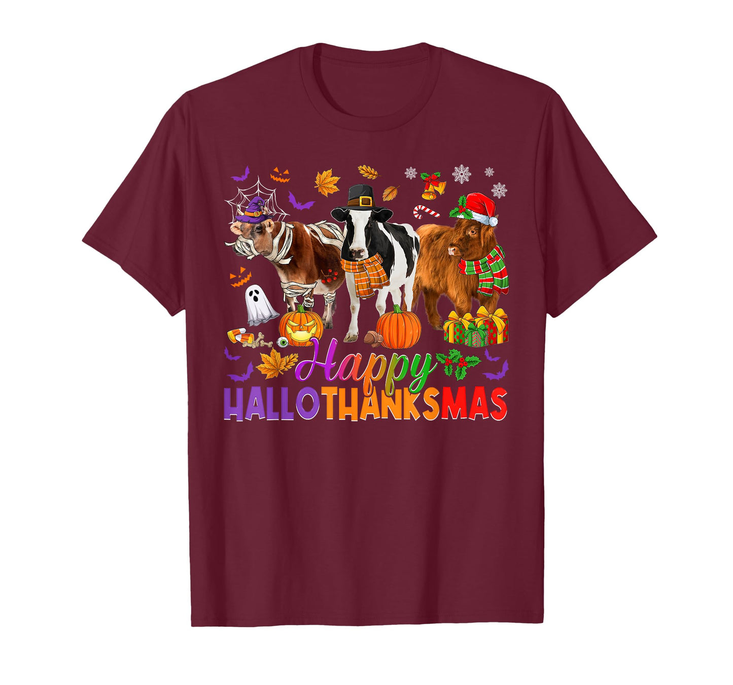 Happy Hallothanksmas Halloween Thanksgiving Christmas Cows T-Shirt