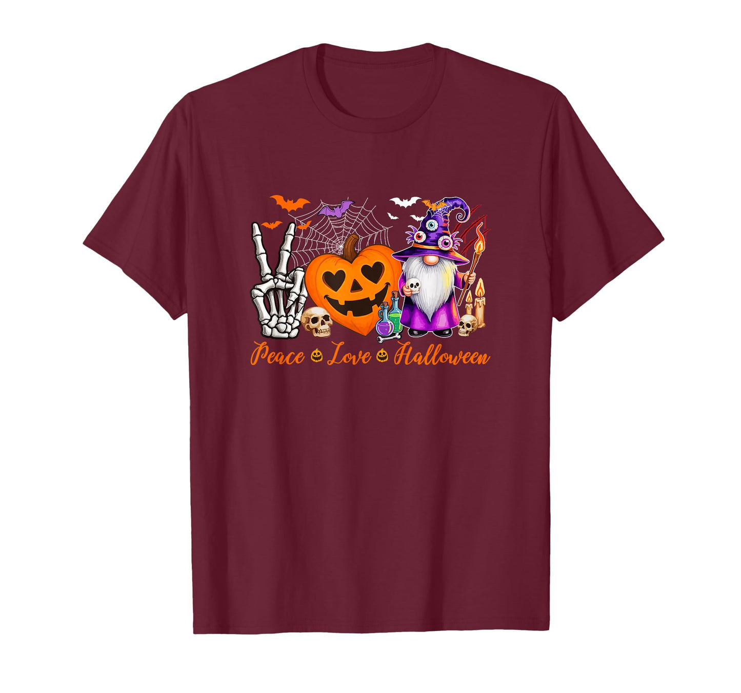 Peace Love Halloween Gnome Horror Carved Pumpkin Cute Heart T-Shirt