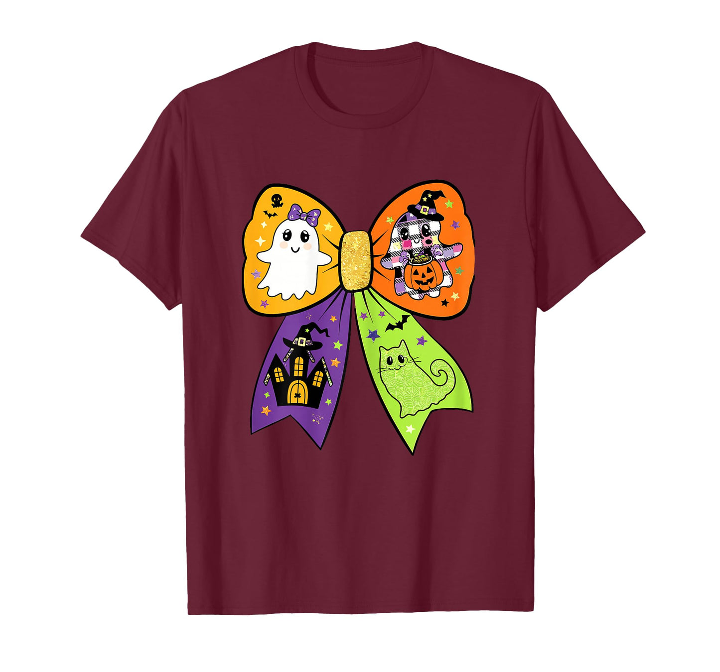 Kawaii Halloween Bow with Cute Ghost Witch Cat & Pumpkin T-Shirt