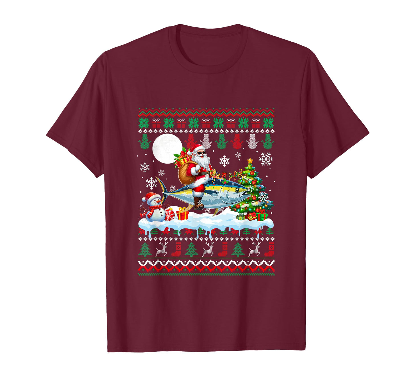 Santa Riding Reindeer Tuna Sweater Xmas Tree Snowman T-Shirt