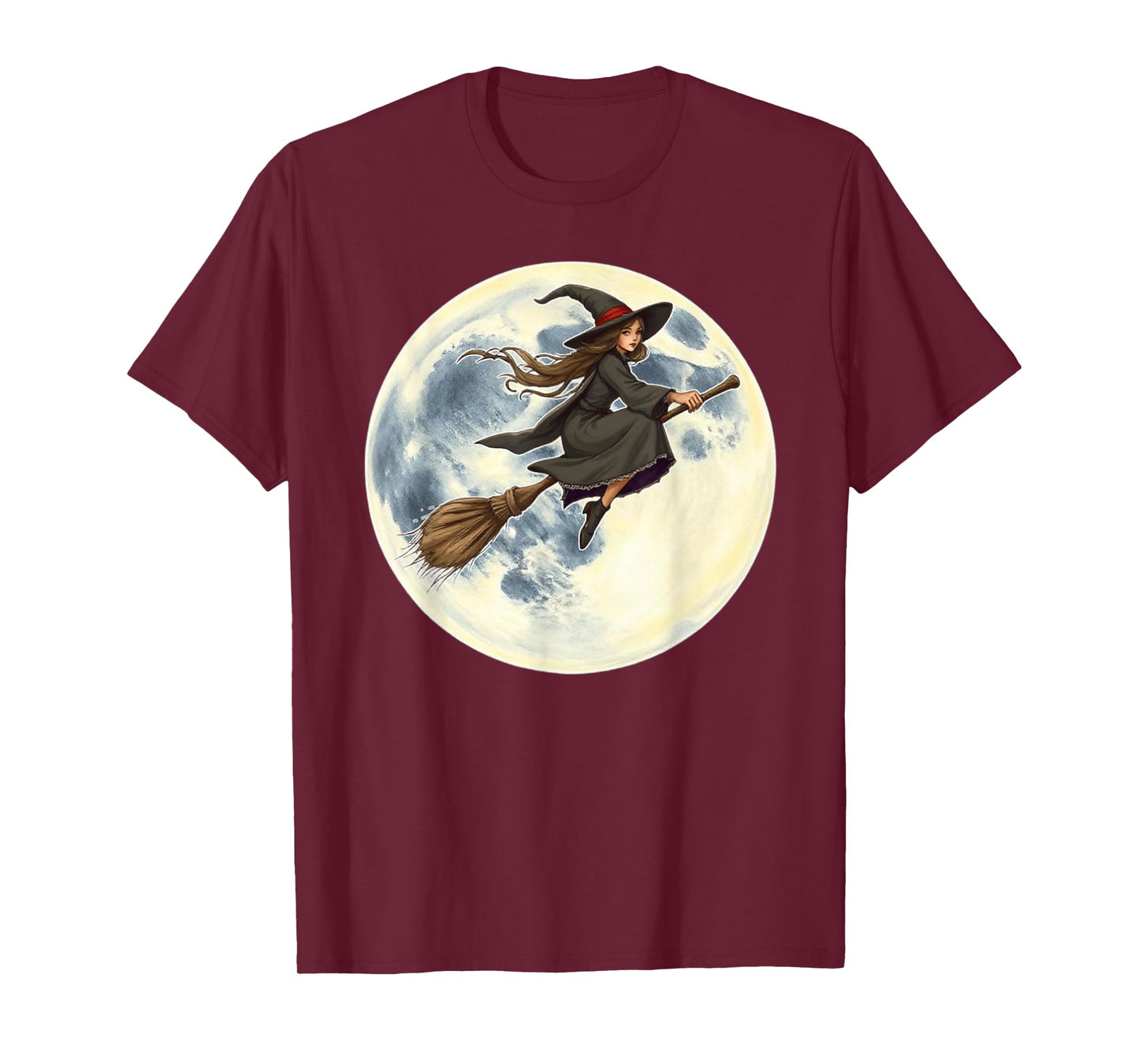 Witch Flying on Broom Halloween Full Moon Women Youth Kids T-Shirt