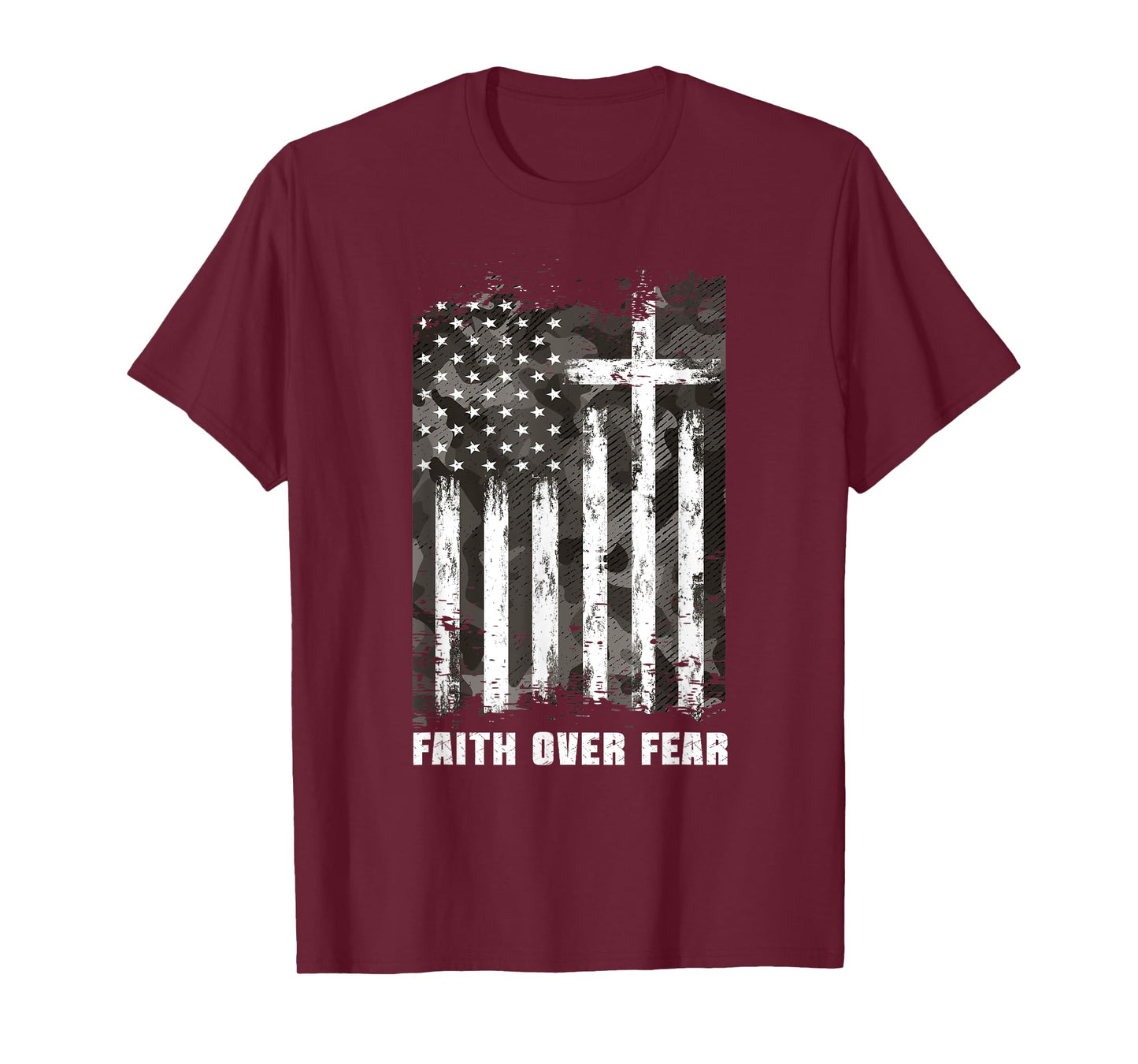 Faith Over Fear Christian Cross Camouflage American Flag T-Shirt